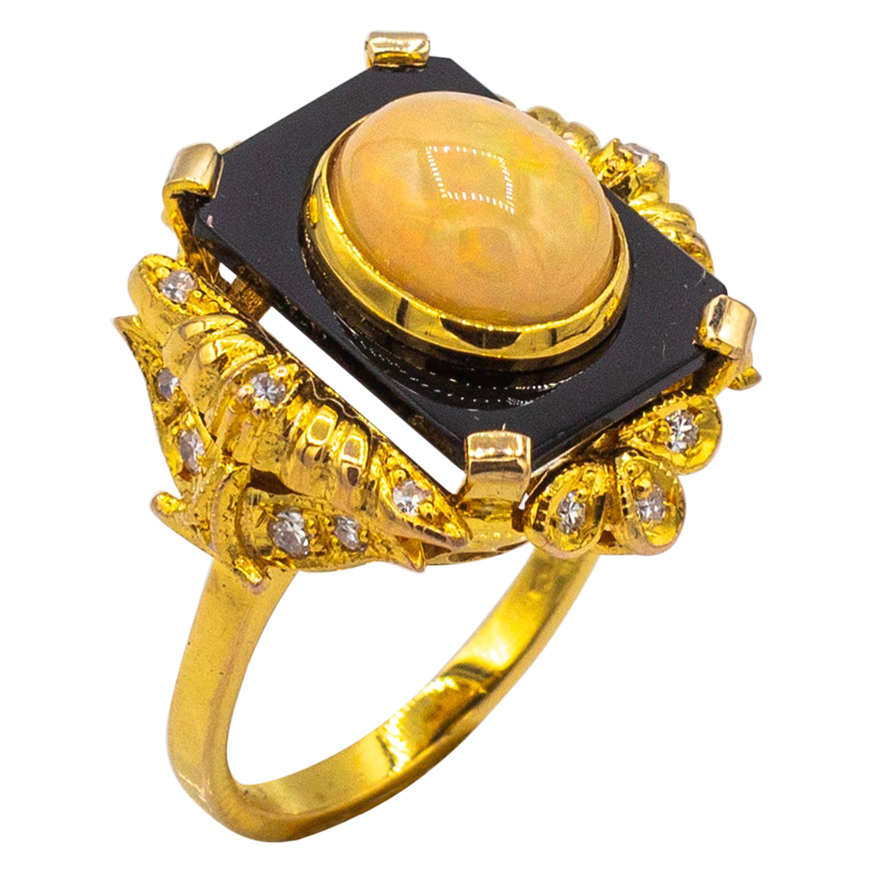 Art Deco Style White Diamond Cabochon Cut Opal Onyx Yellow Gold Cocktail Ring