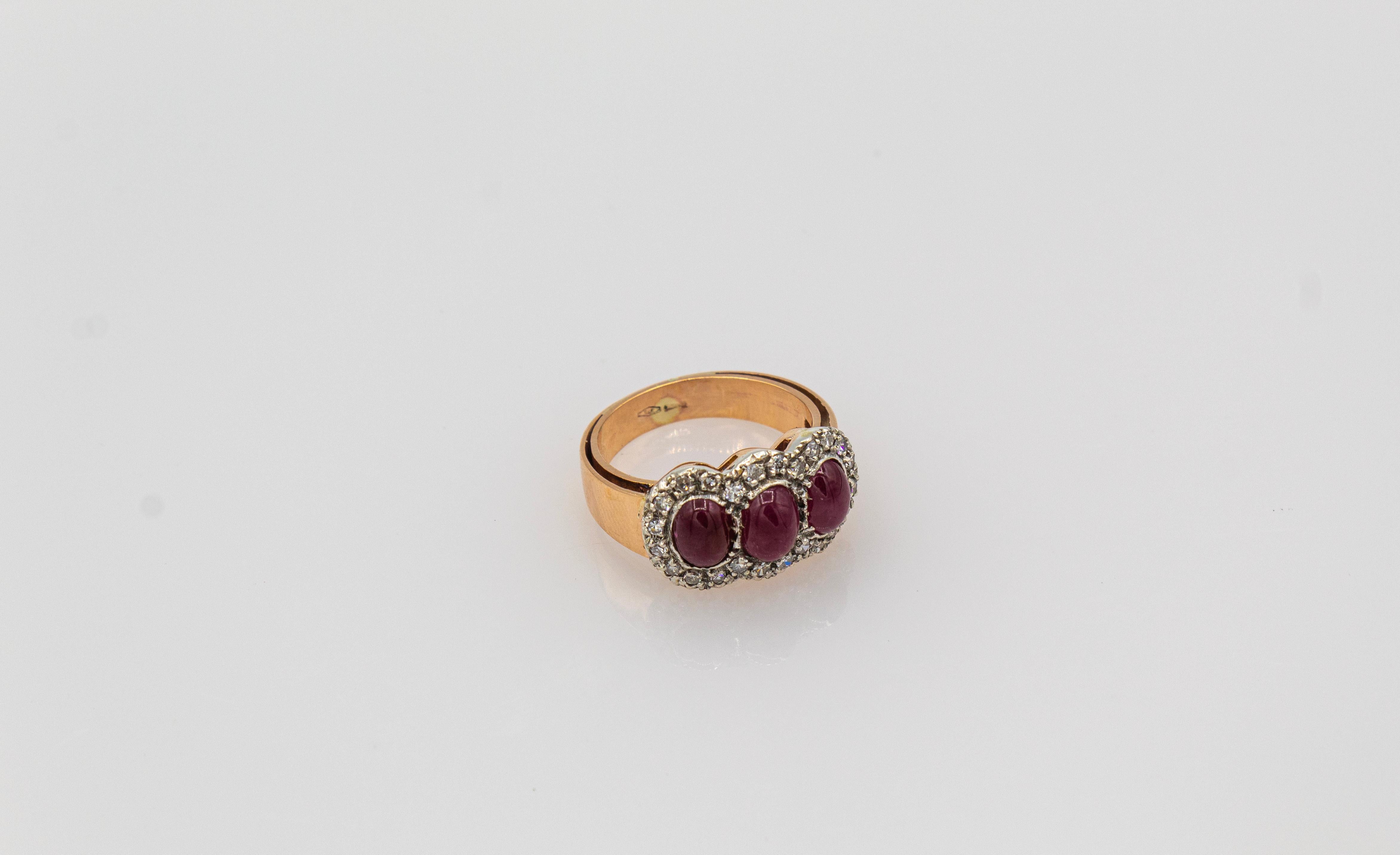 Art Deco Style White Diamond Cabochon Oval Cut Ruby Yellow Gold Band Ring For Sale 6