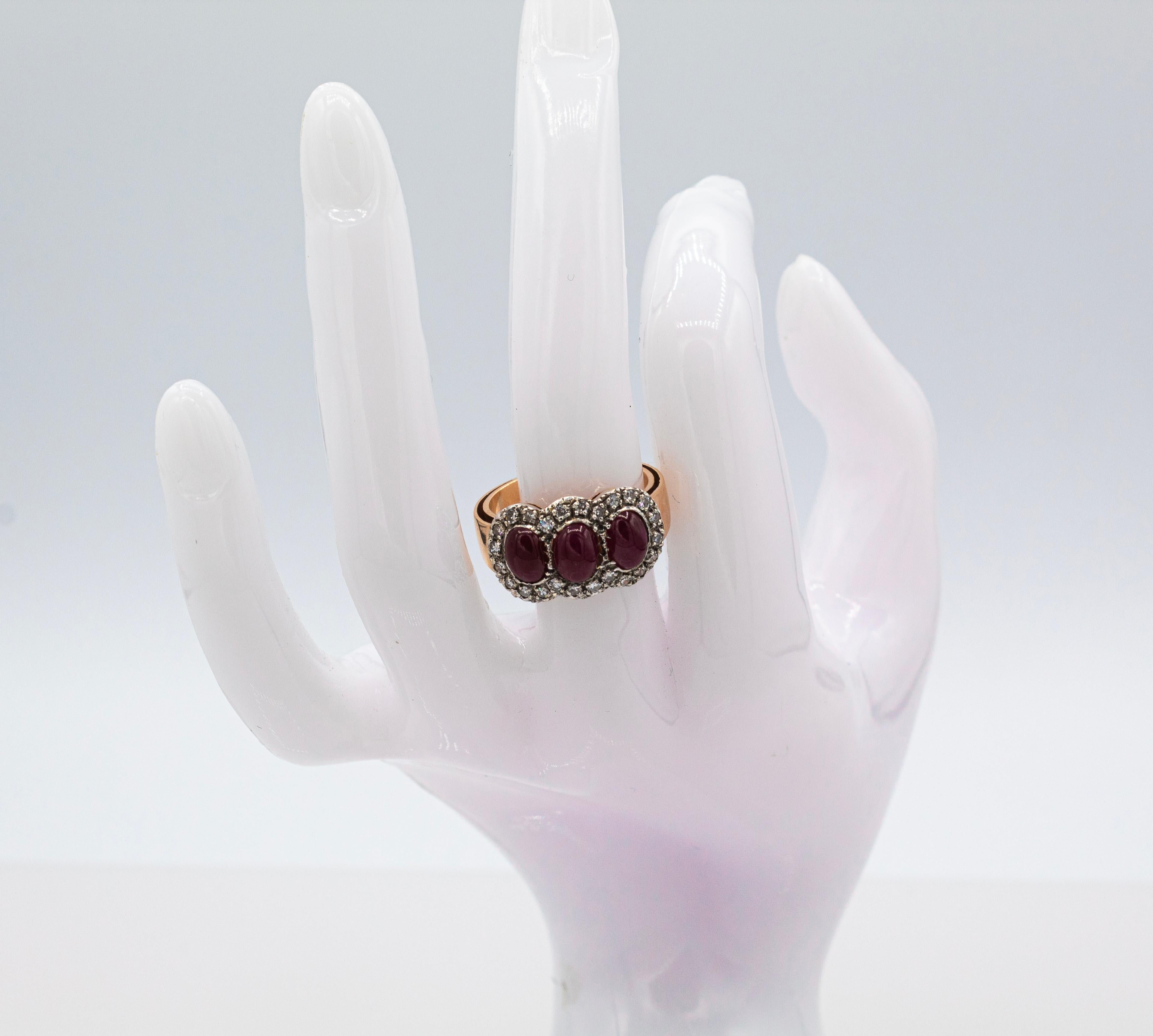 Art Deco Style White Diamond Cabochon Oval Cut Ruby Yellow Gold Band Ring For Sale 7