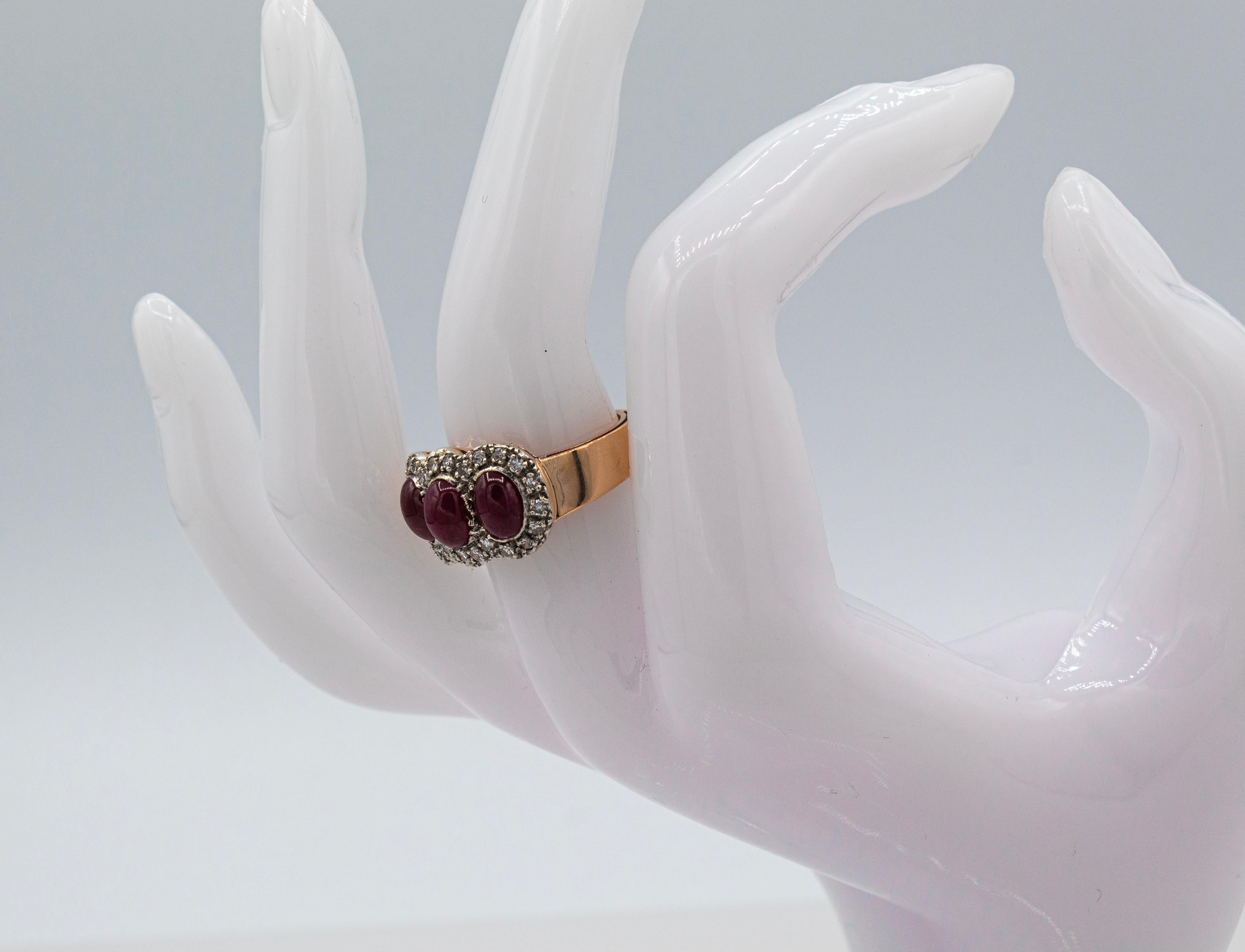 Art Deco Style White Diamond Cabochon Oval Cut Ruby Yellow Gold Band Ring For Sale 8