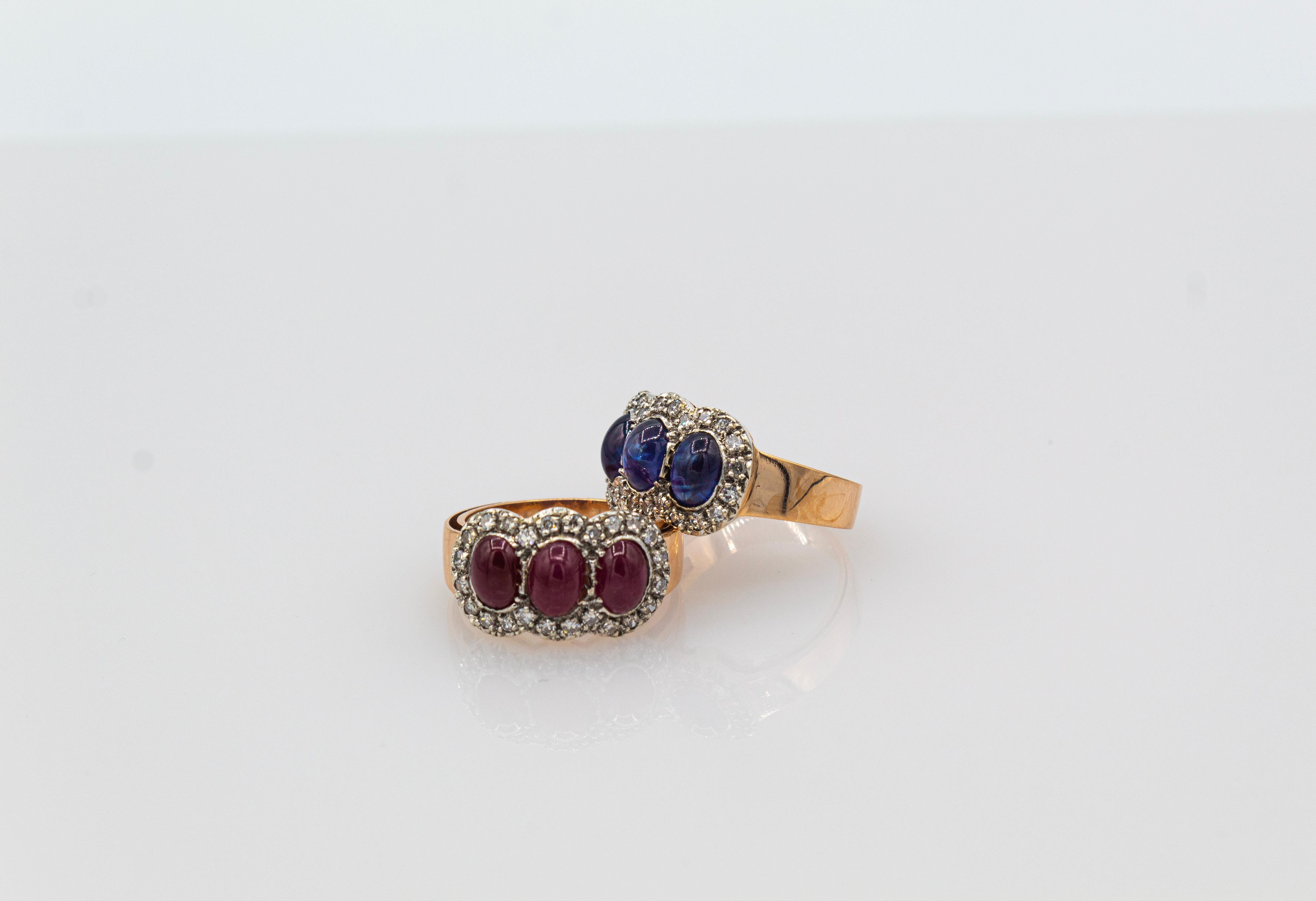 Art Deco Style White Diamond Cabochon Oval Cut Ruby Yellow Gold Band Ring For Sale 9