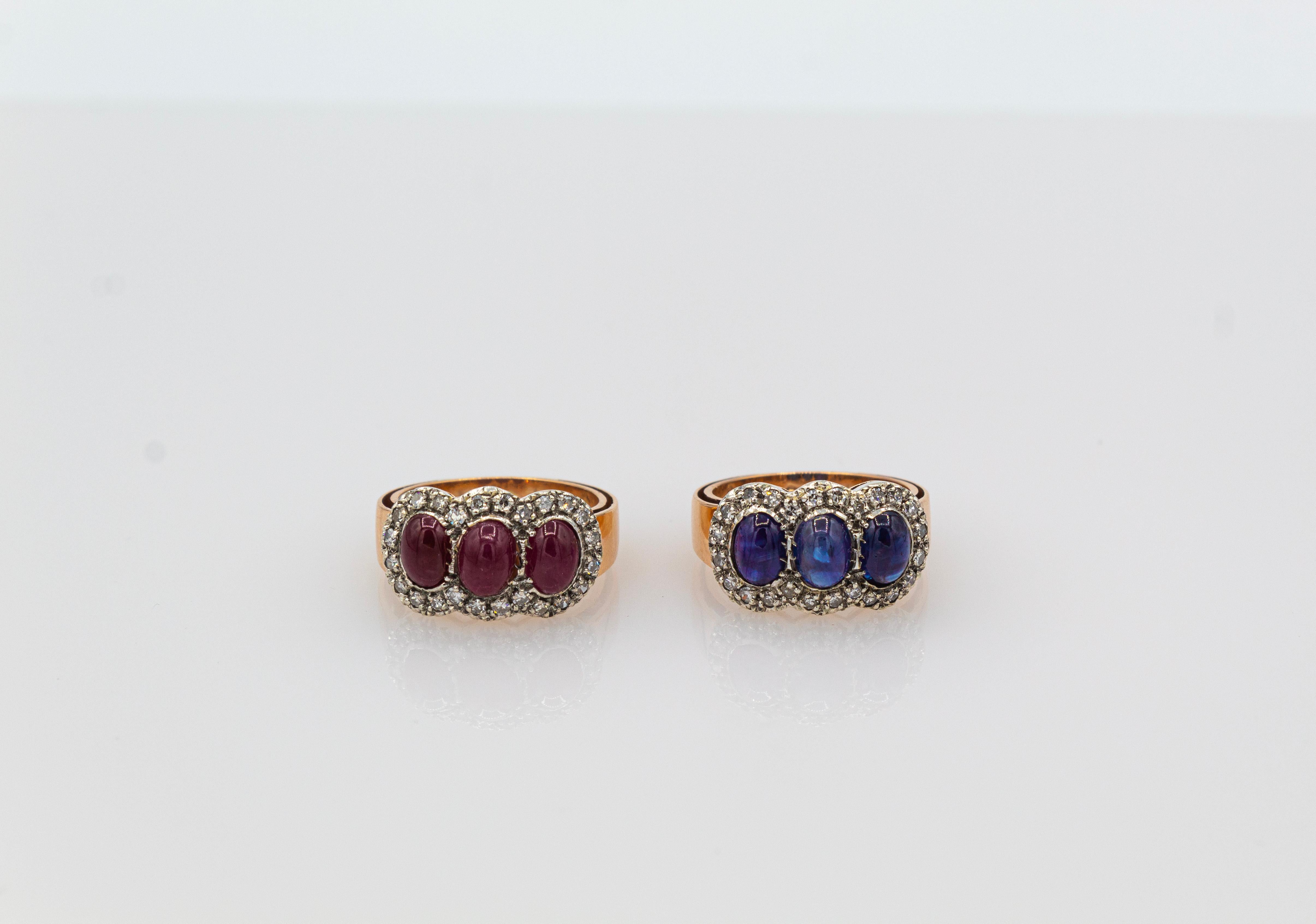 Art Deco Style White Diamond Cabochon Oval Cut Ruby Yellow Gold Band Ring For Sale 10