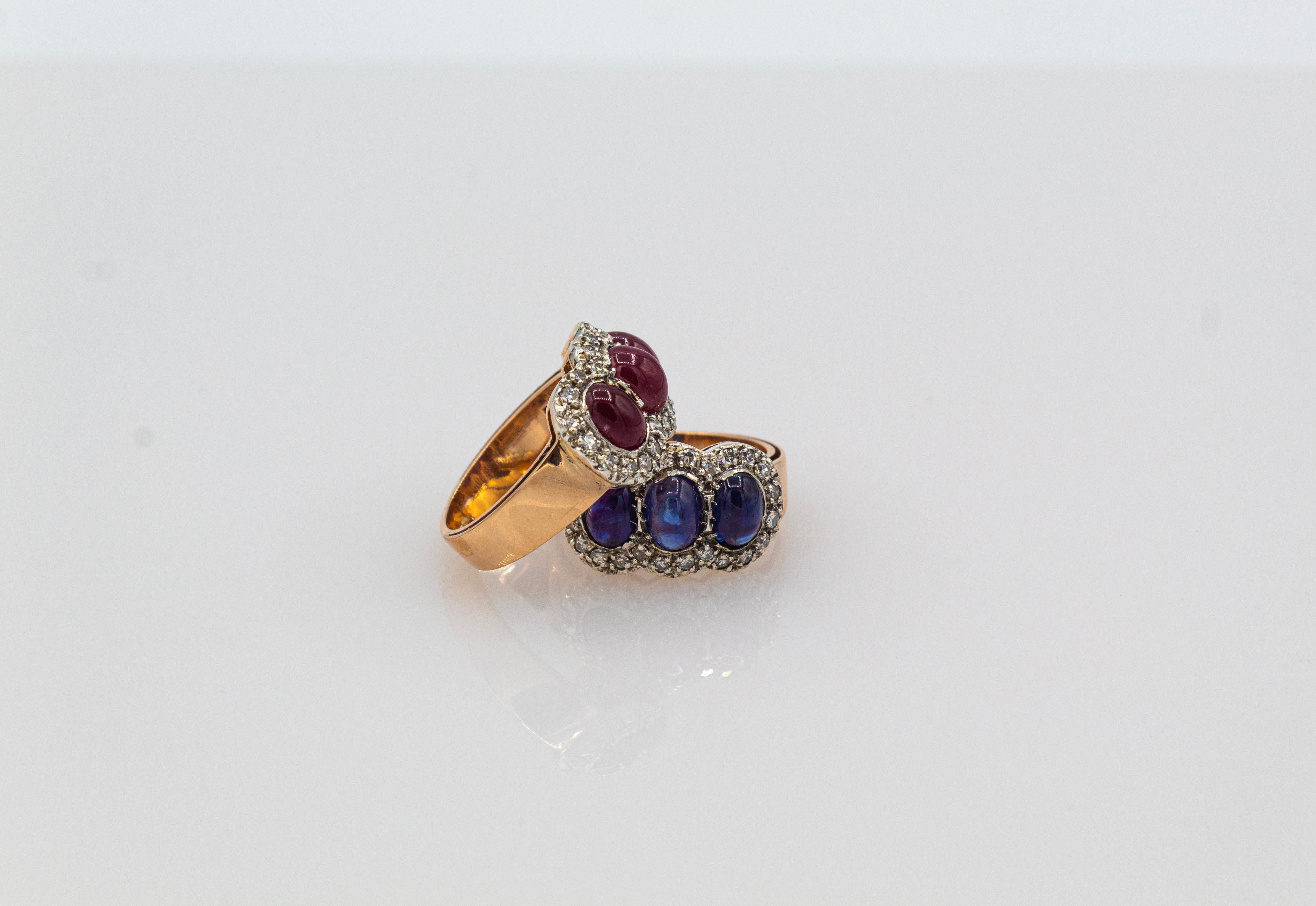 Art Deco Style White Diamond Cabochon Oval Cut Ruby Yellow Gold Band Ring For Sale 11