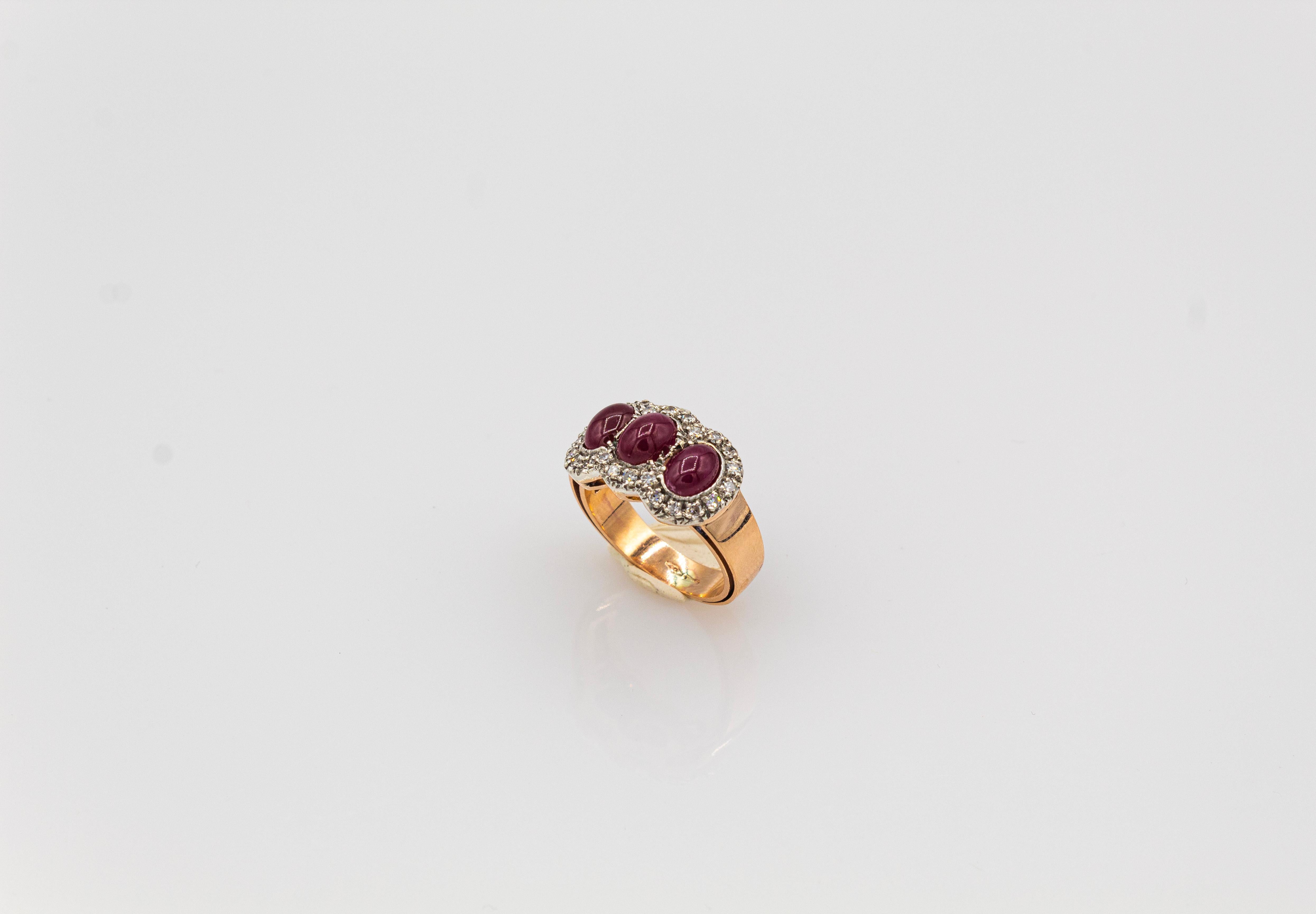 Women's or Men's Art Deco Style White Diamond Cabochon Oval Cut Ruby Yellow Gold Band Ring For Sale