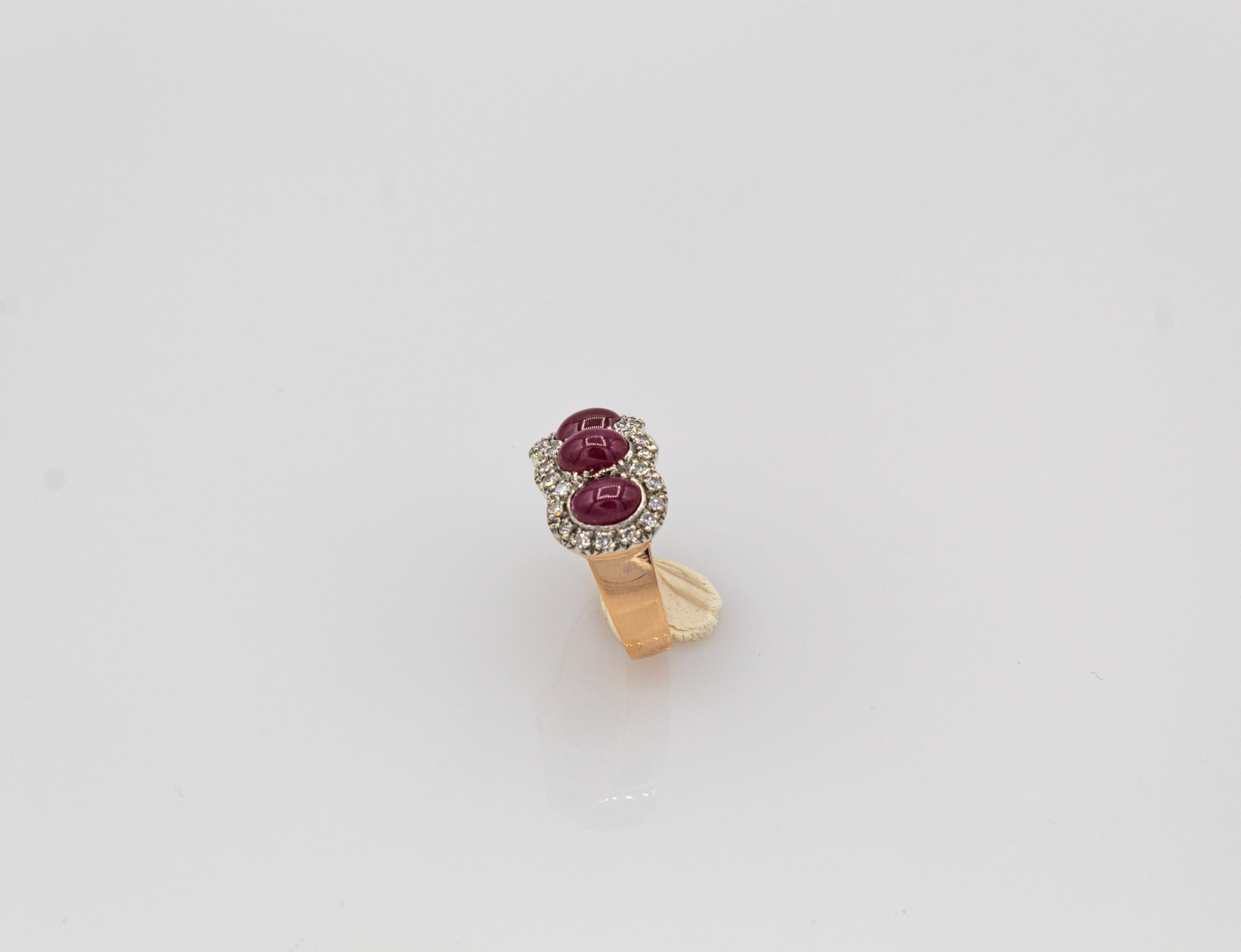 Art Deco Style White Diamond Cabochon Oval Cut Ruby Yellow Gold Band Ring For Sale 1
