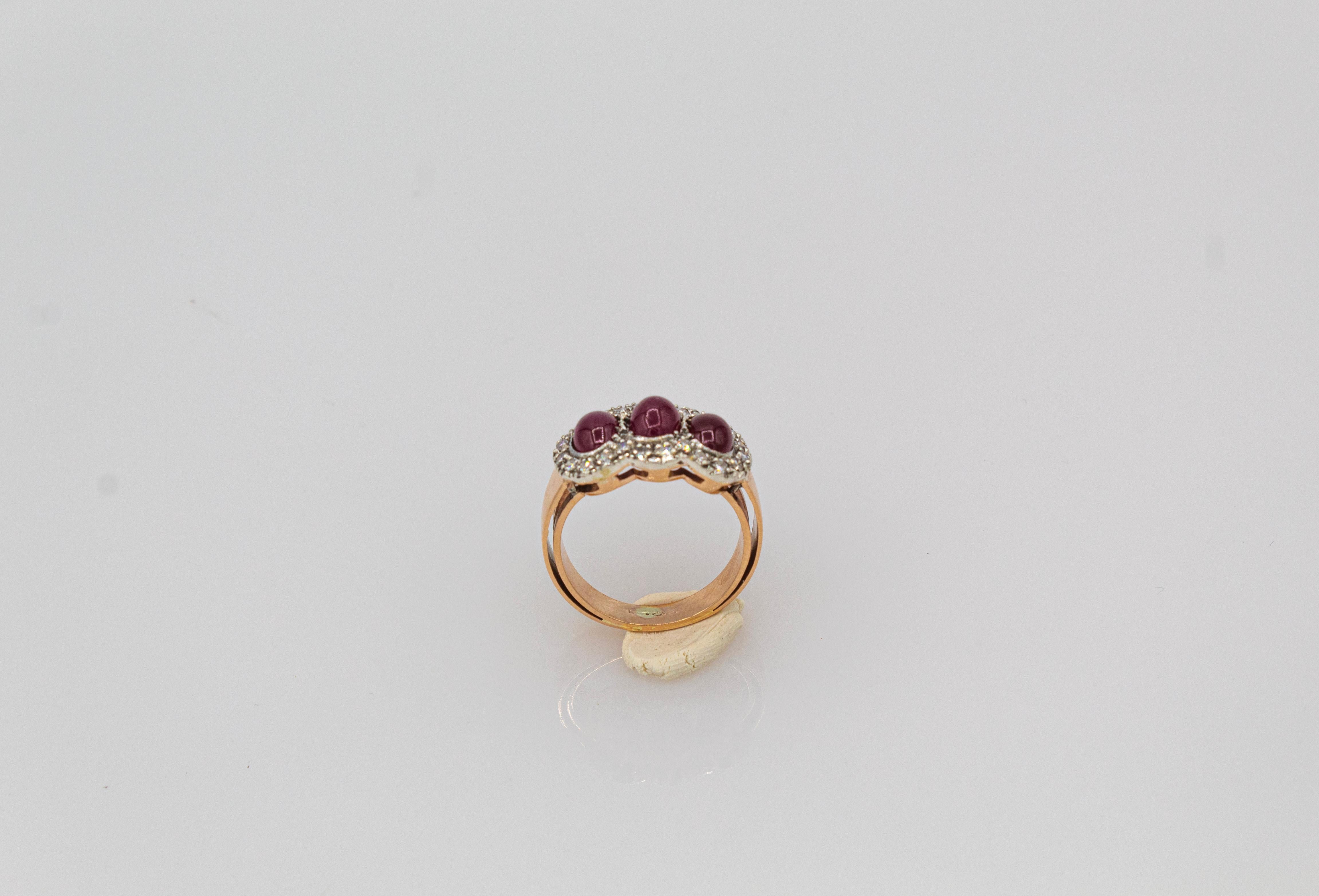 Art Deco Style White Diamond Cabochon Oval Cut Ruby Yellow Gold Band Ring For Sale 2