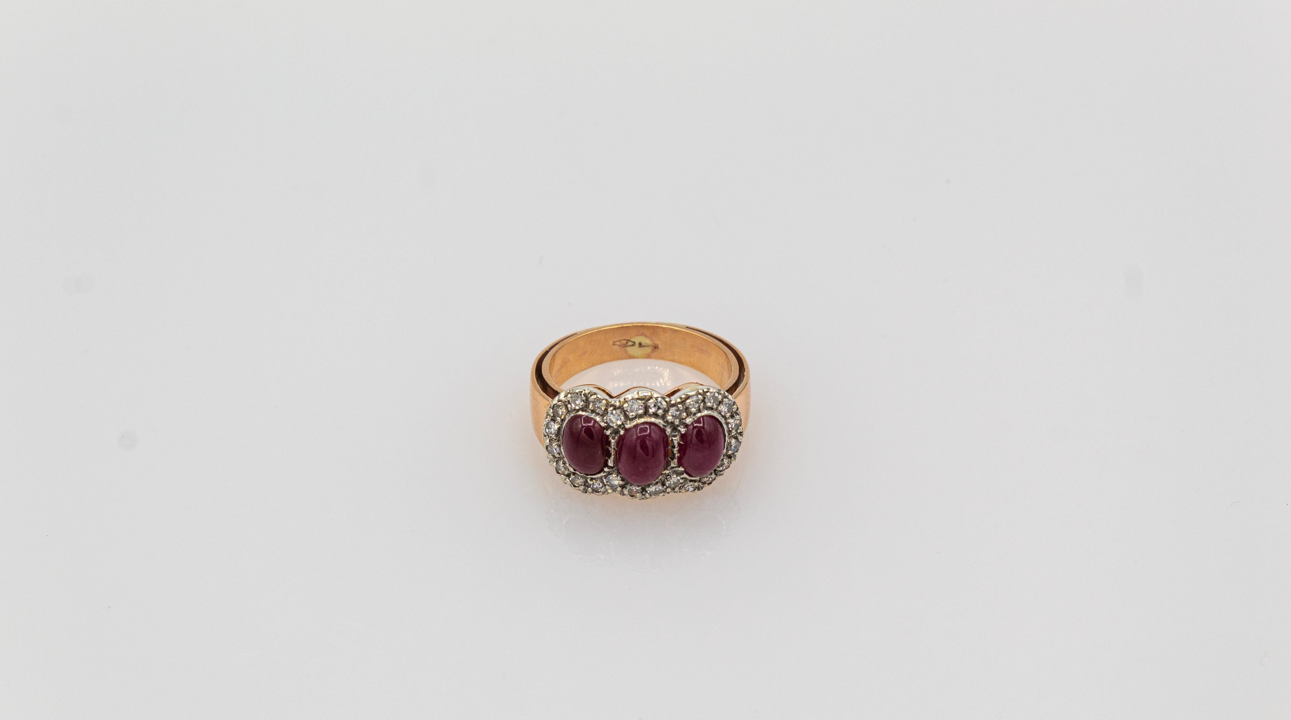 Art Deco Style White Diamond Cabochon Oval Cut Ruby Yellow Gold Band Ring For Sale 3