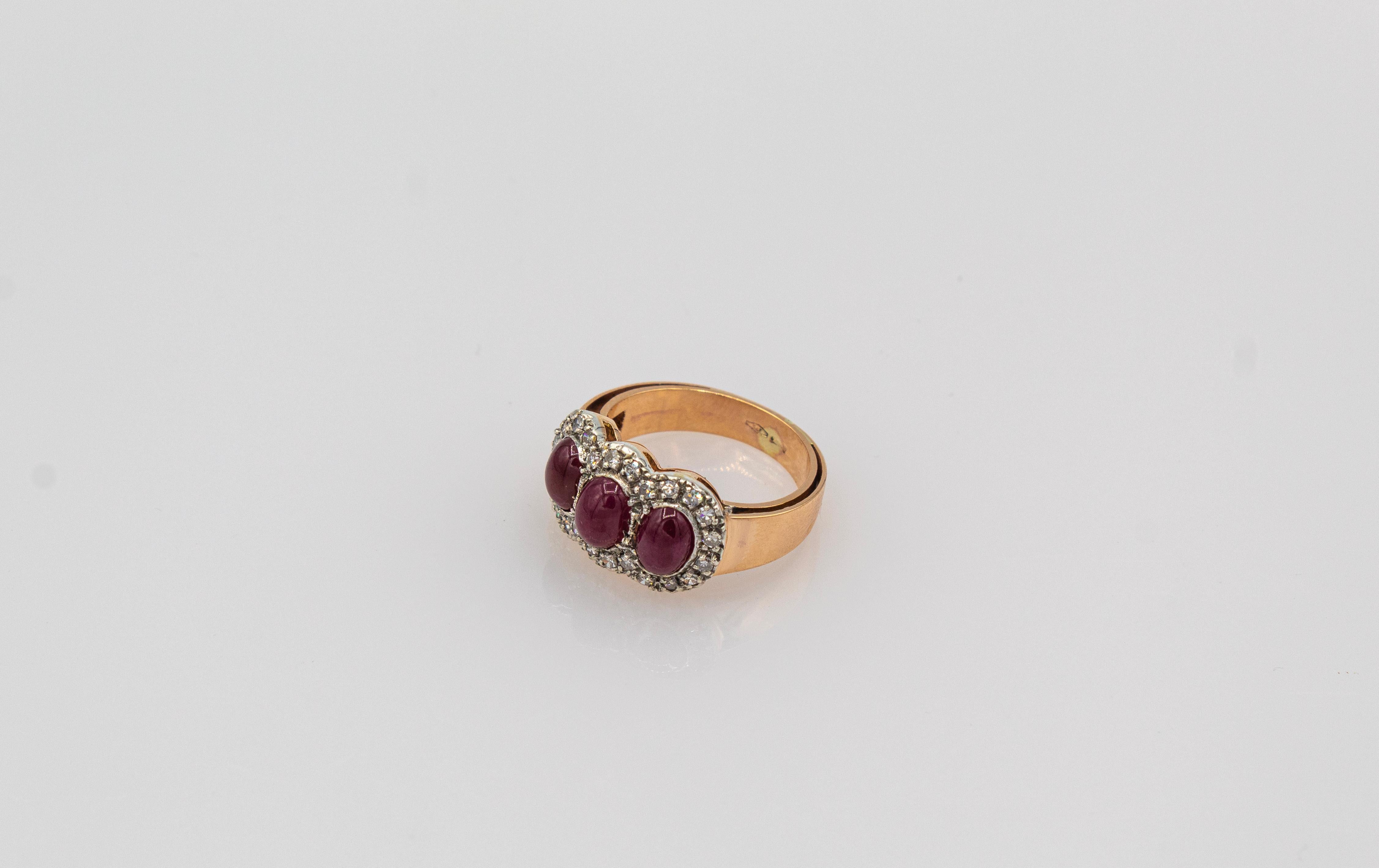 Art Deco Style White Diamond Cabochon Oval Cut Ruby Yellow Gold Band Ring For Sale 4