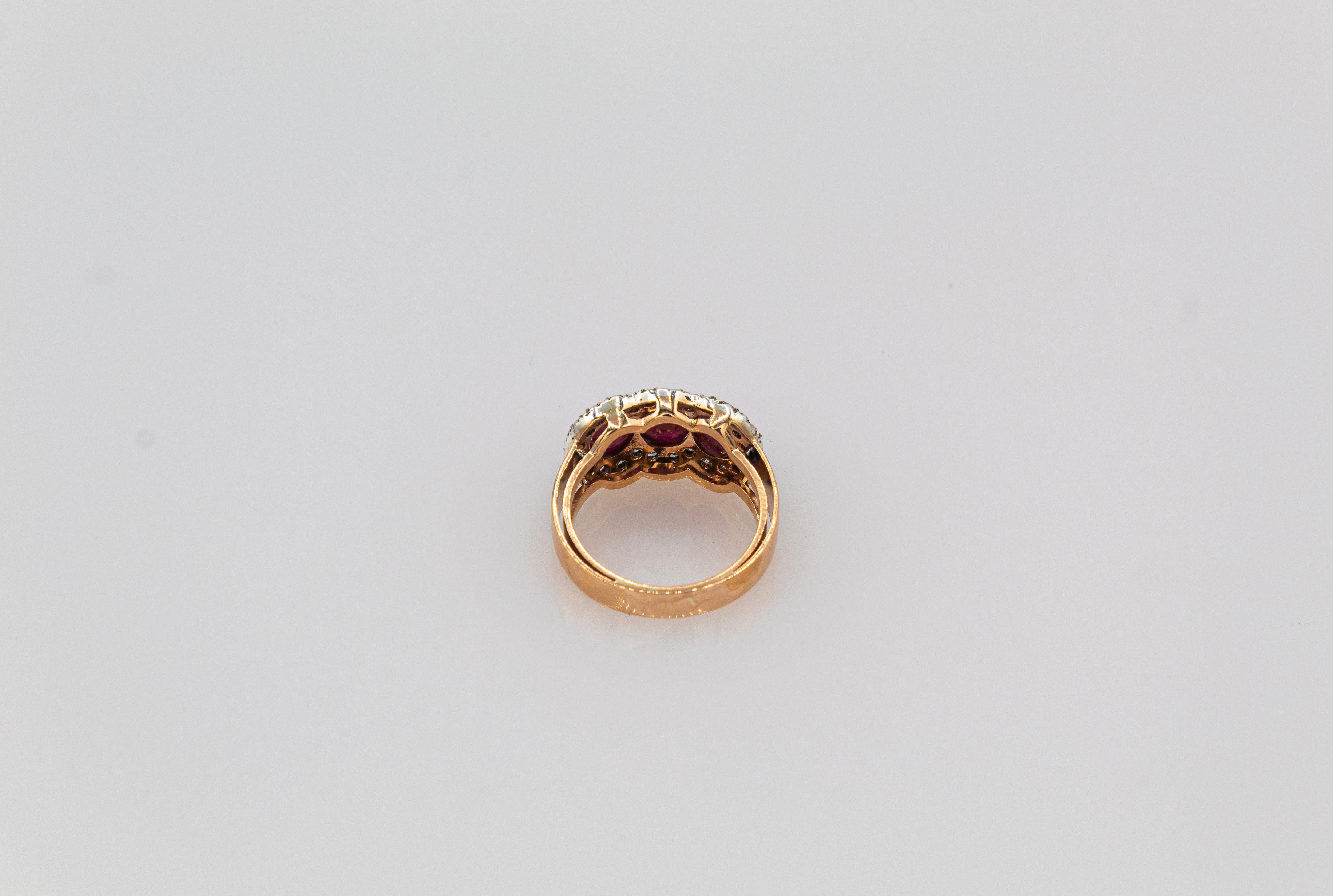 Art Deco Style White Diamond Cabochon Oval Cut Ruby Yellow Gold Band Ring For Sale 5