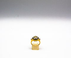 Art Deco Style White Diamond Carré Cut Blue Sapphire Yellow Gold Cocktail Ring