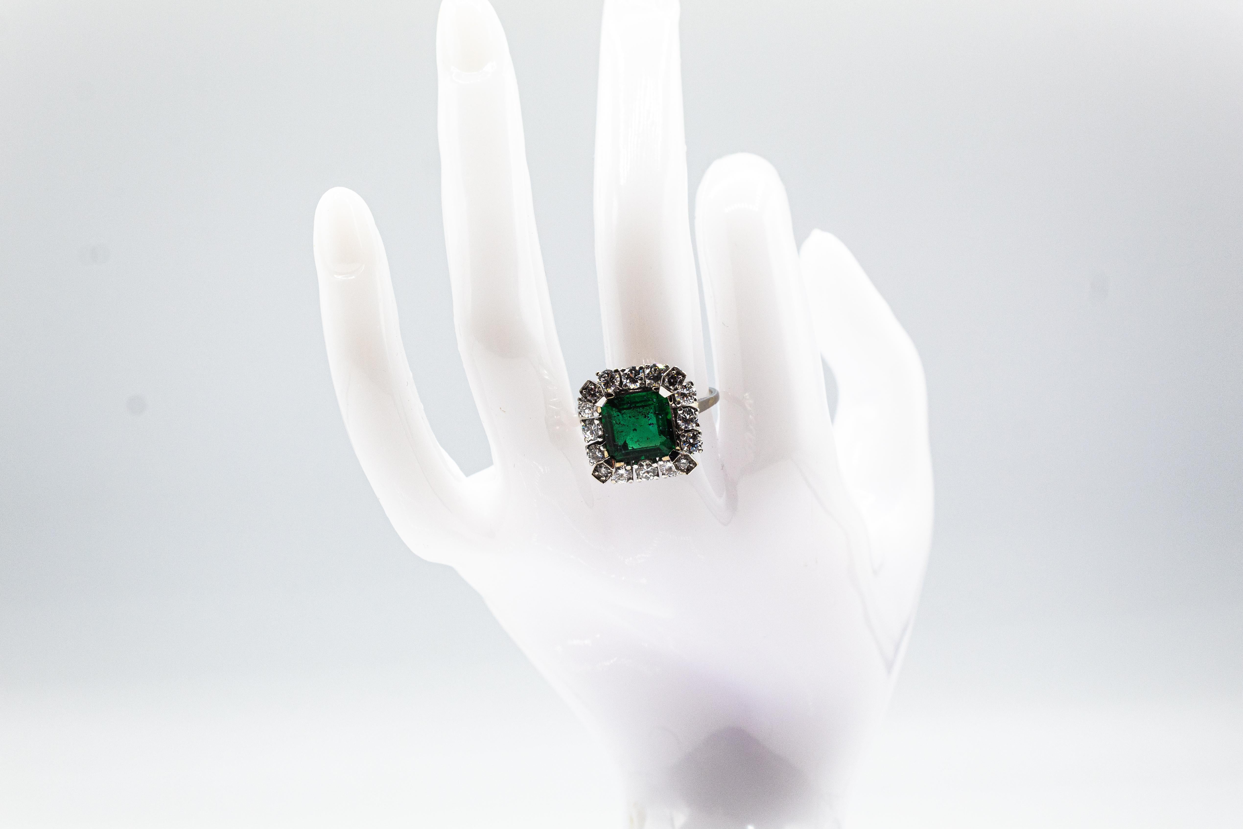 Art Deco Style White Diamond Carré Cut Emerald White Gold Cocktail Ring 7