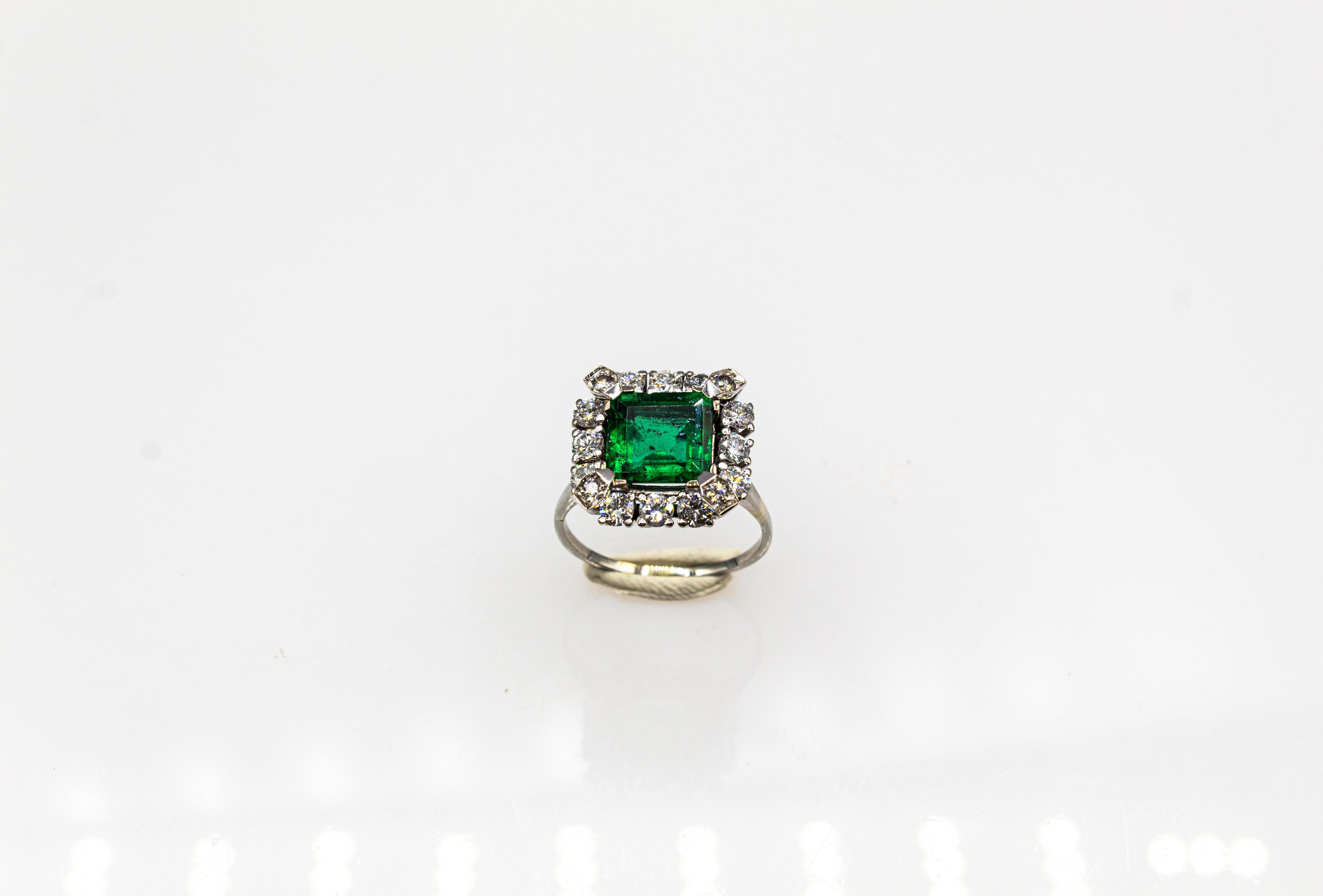 Brilliant Cut Art Deco Style White Diamond Carré Cut Emerald White Gold Cocktail Ring For Sale