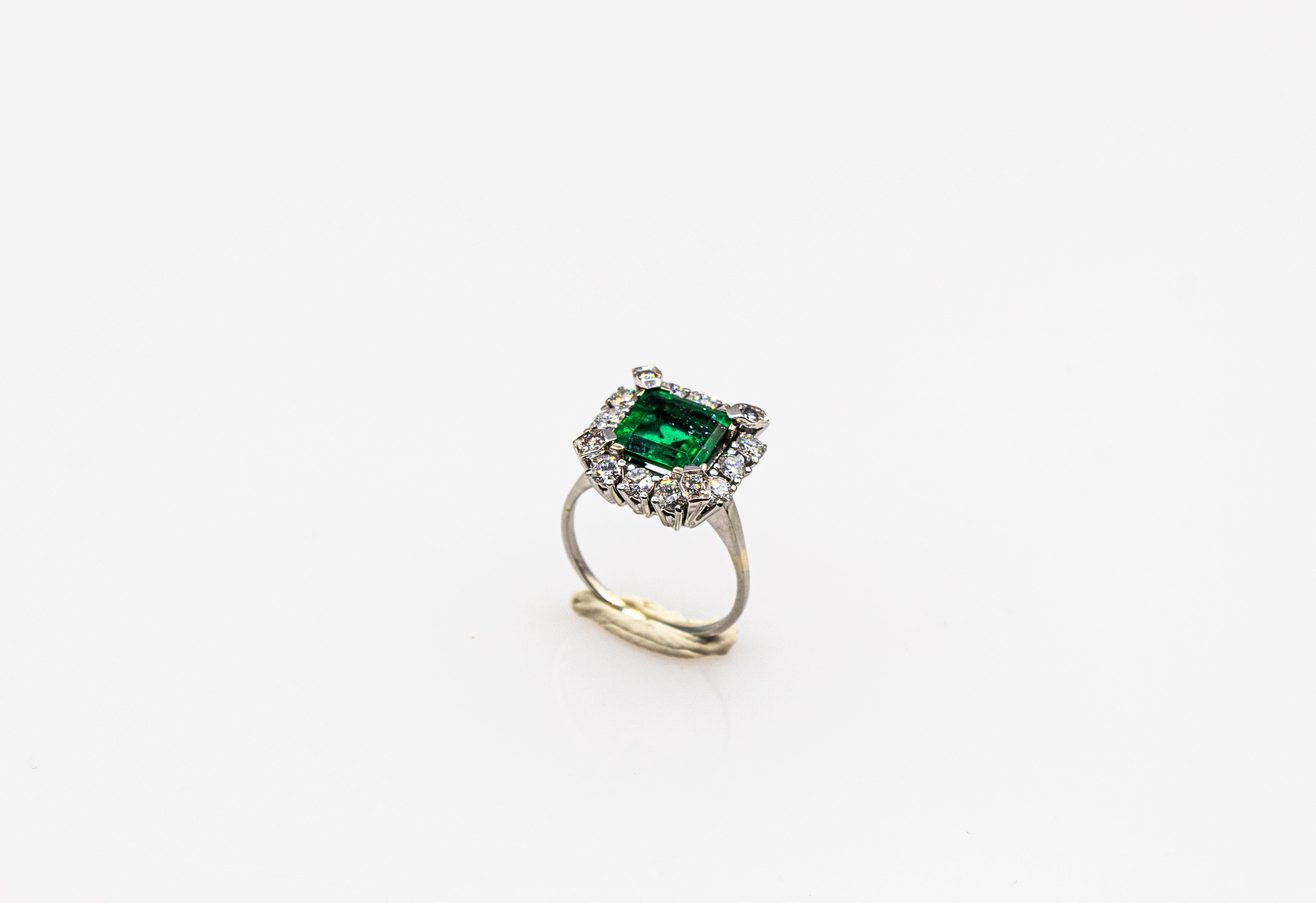 Women's or Men's Art Deco Style White Diamond Carré Cut Emerald White Gold Cocktail Ring