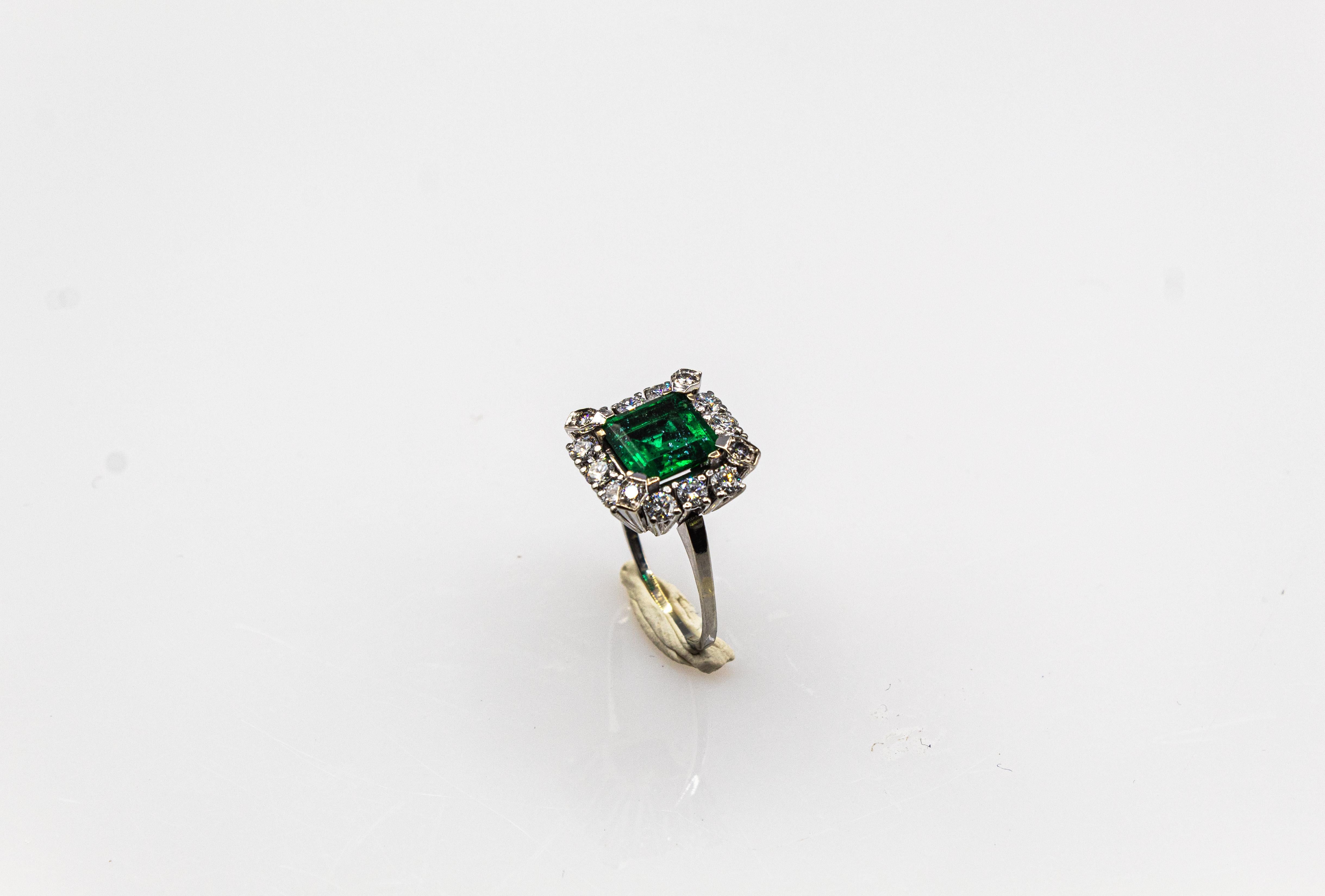 Art Deco Style White Diamond Carré Cut Emerald White Gold Cocktail Ring For Sale 1