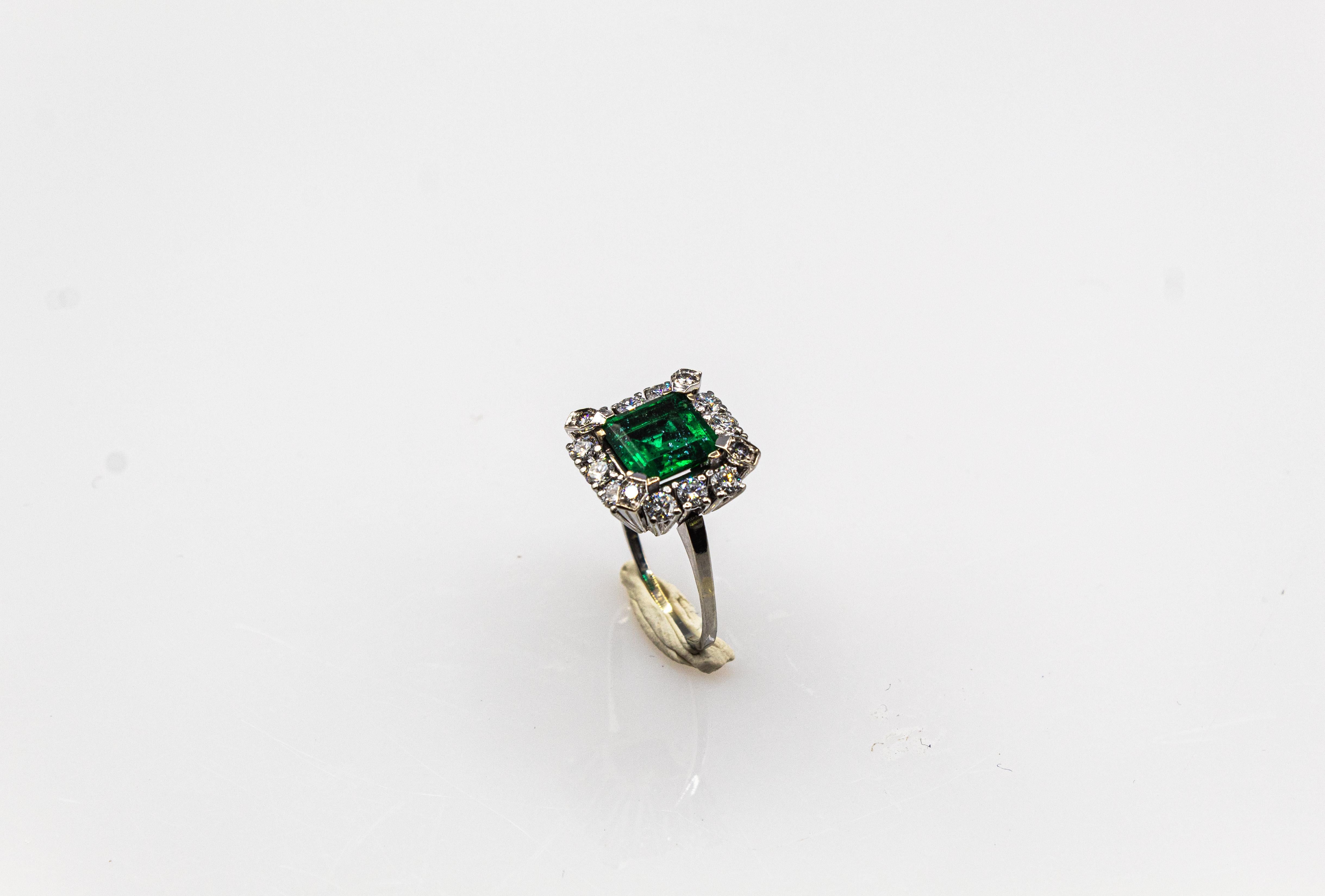 Art Deco Style White Diamond Carré Cut Emerald White Gold Cocktail Ring 1
