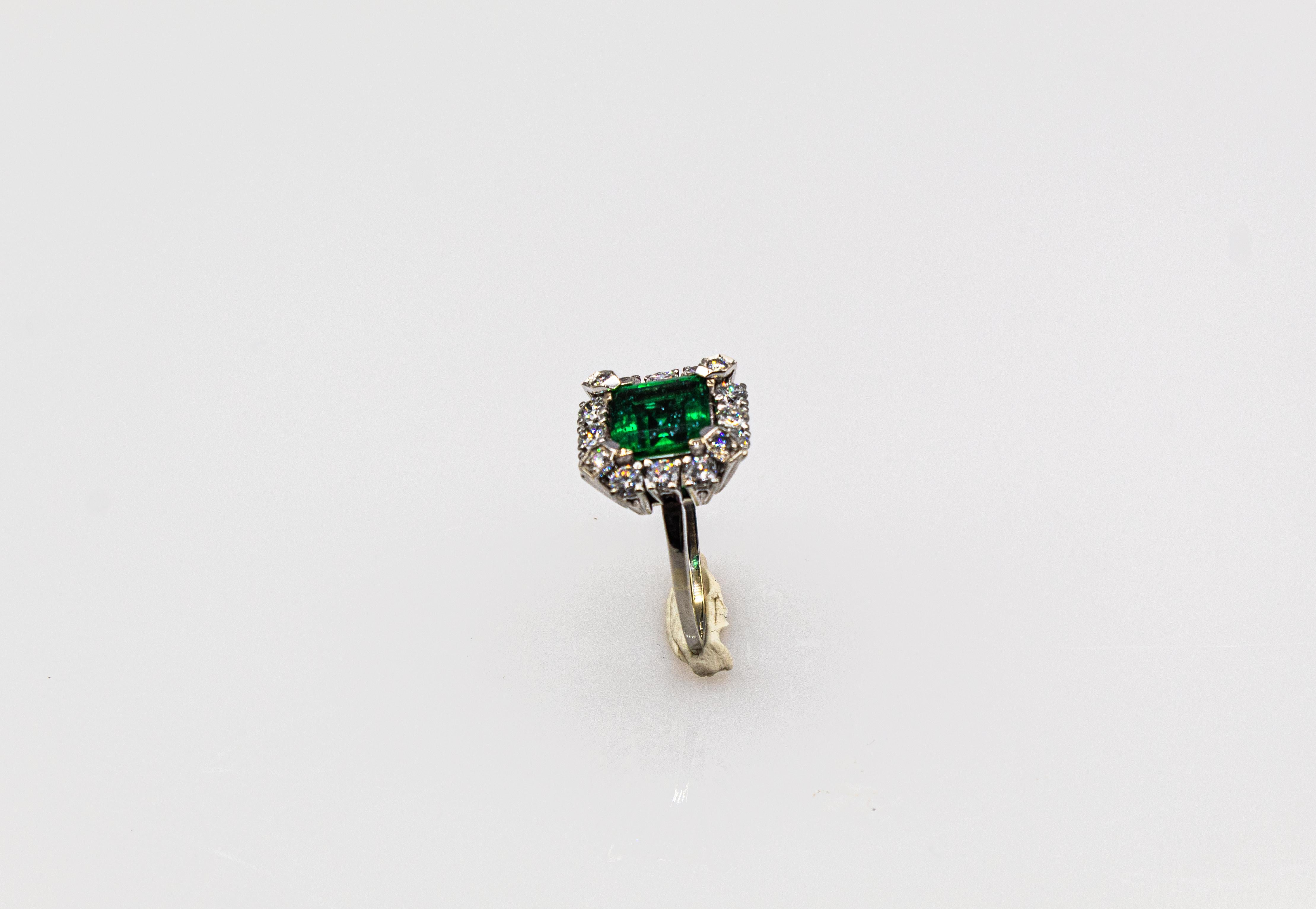 Art Deco Style White Diamond Carré Cut Emerald White Gold Cocktail Ring 2