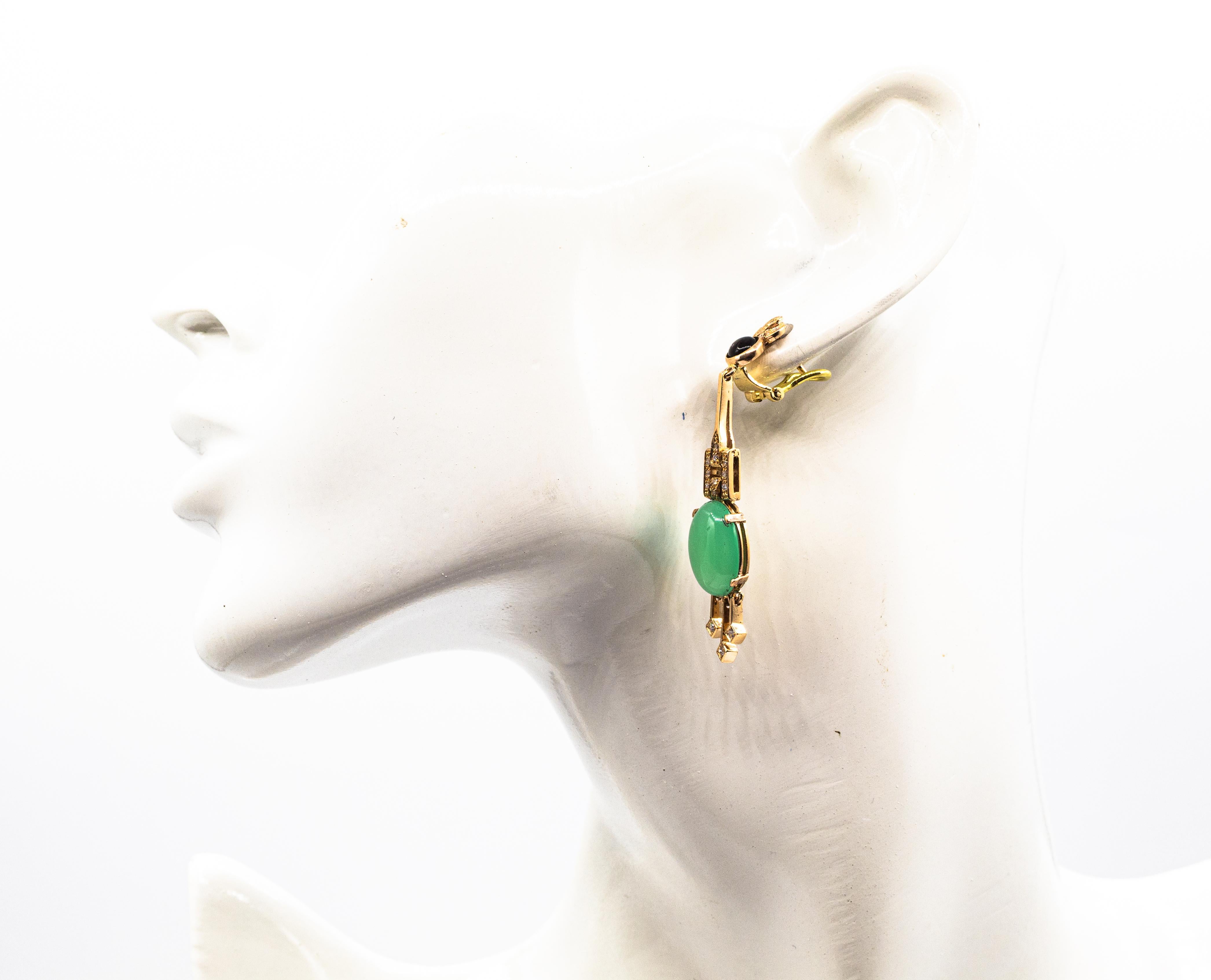 Art Deco Style White Diamond Chrysoprase Onyx Yellow Gold Clip-On Earrings For Sale 6