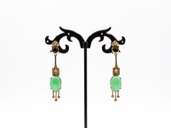 Art Deco Style White Diamond Chrysoprase Onyx Yellow Gold Clip-On Earrings
