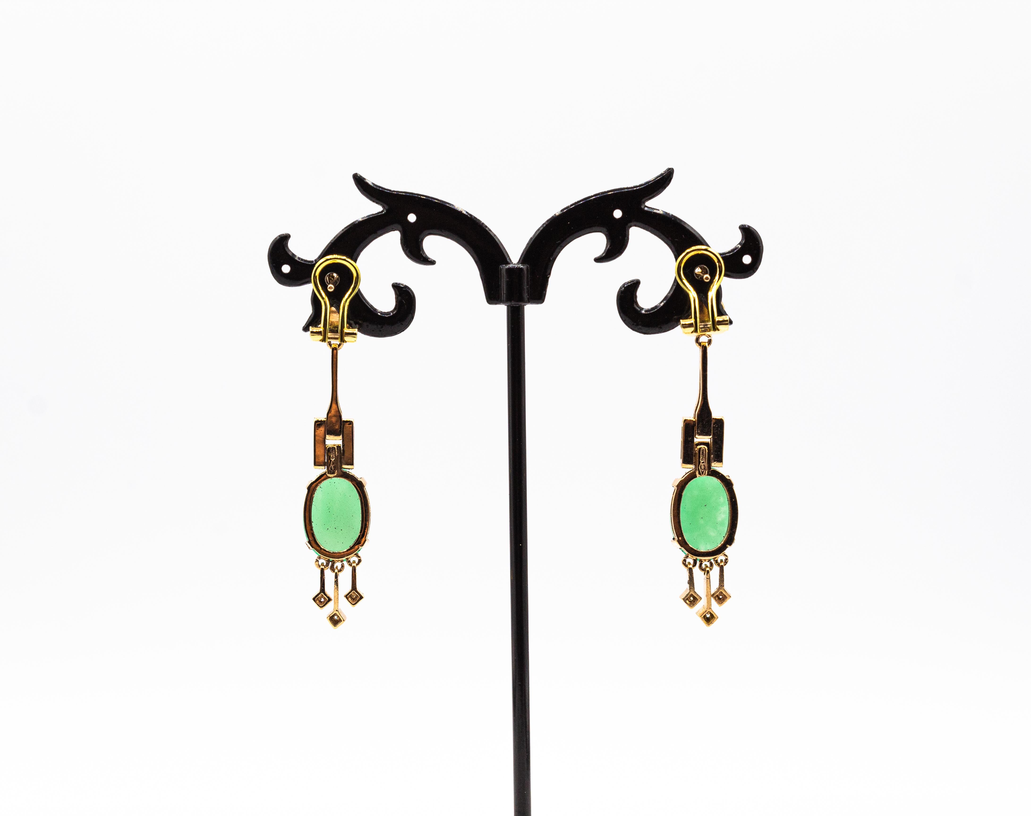 Women's or Men's Art Deco Style White Diamond Chrysoprase Onyx Yellow Gold Clip-On Earrings For Sale