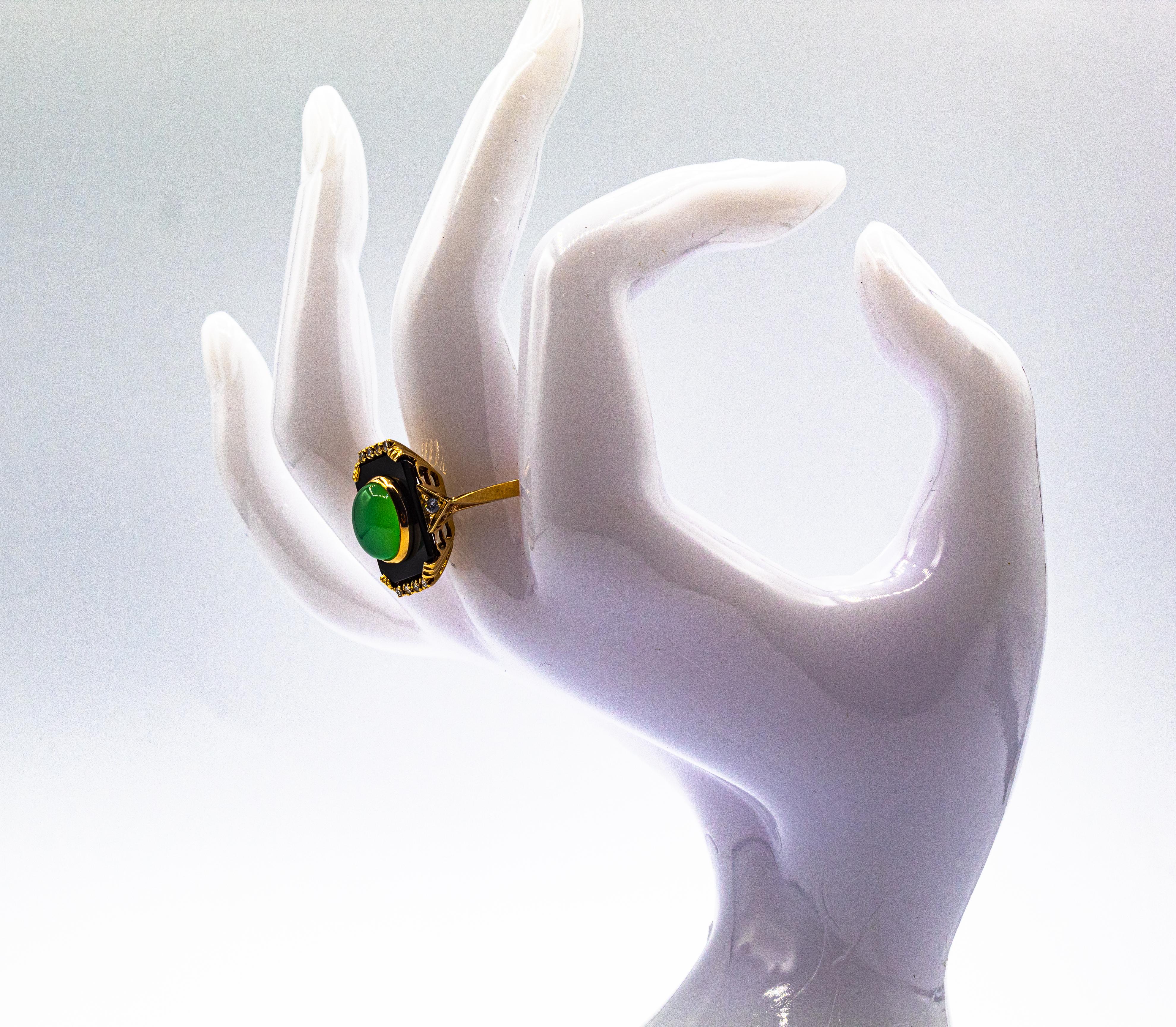 Art Deco Style White Diamond Chrysoprase Onyx Yellow Gold Cocktail Ring For Sale 11