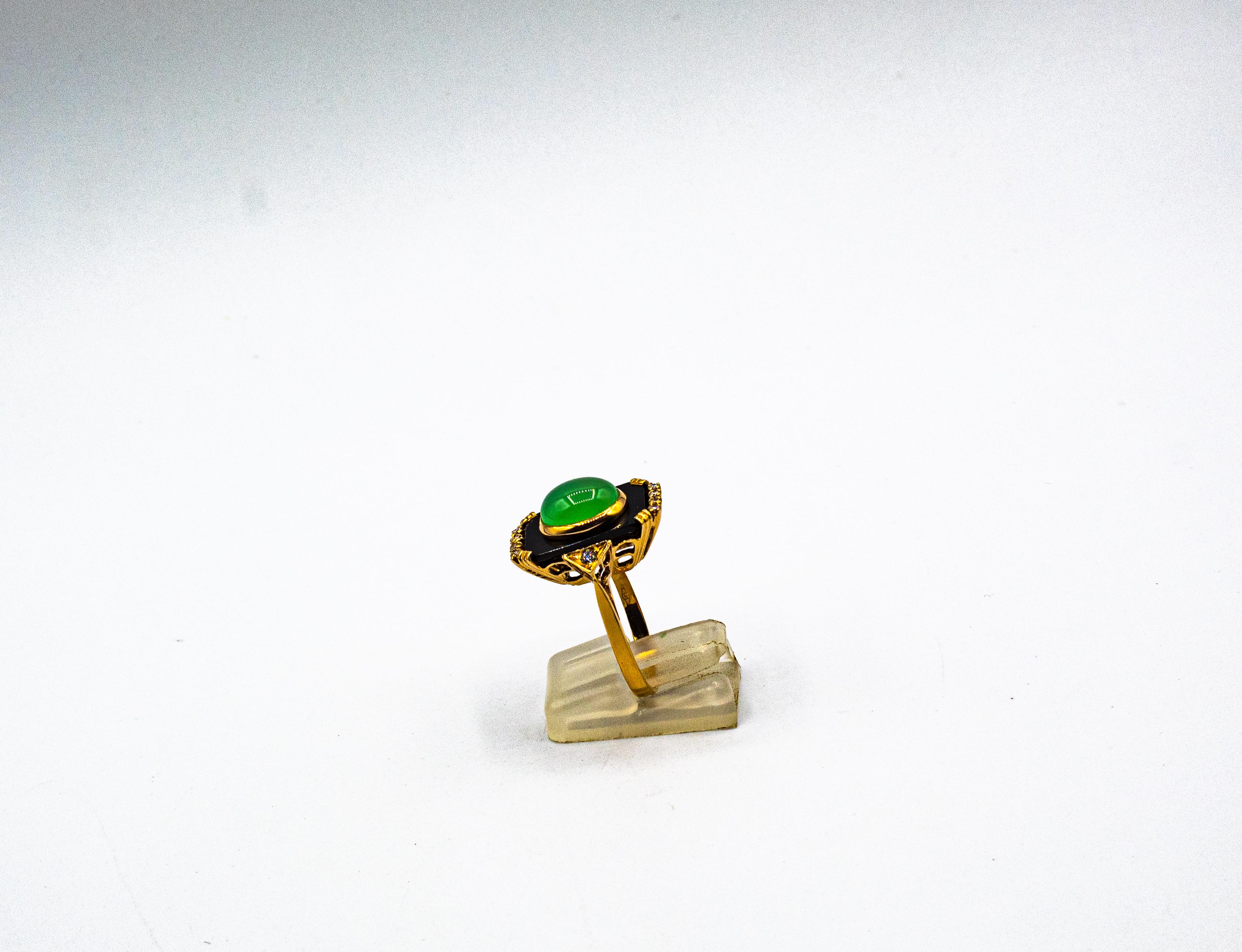 Art Deco Style White Diamond Chrysoprase Onyx Yellow Gold Cocktail Ring In New Condition In Naples, IT