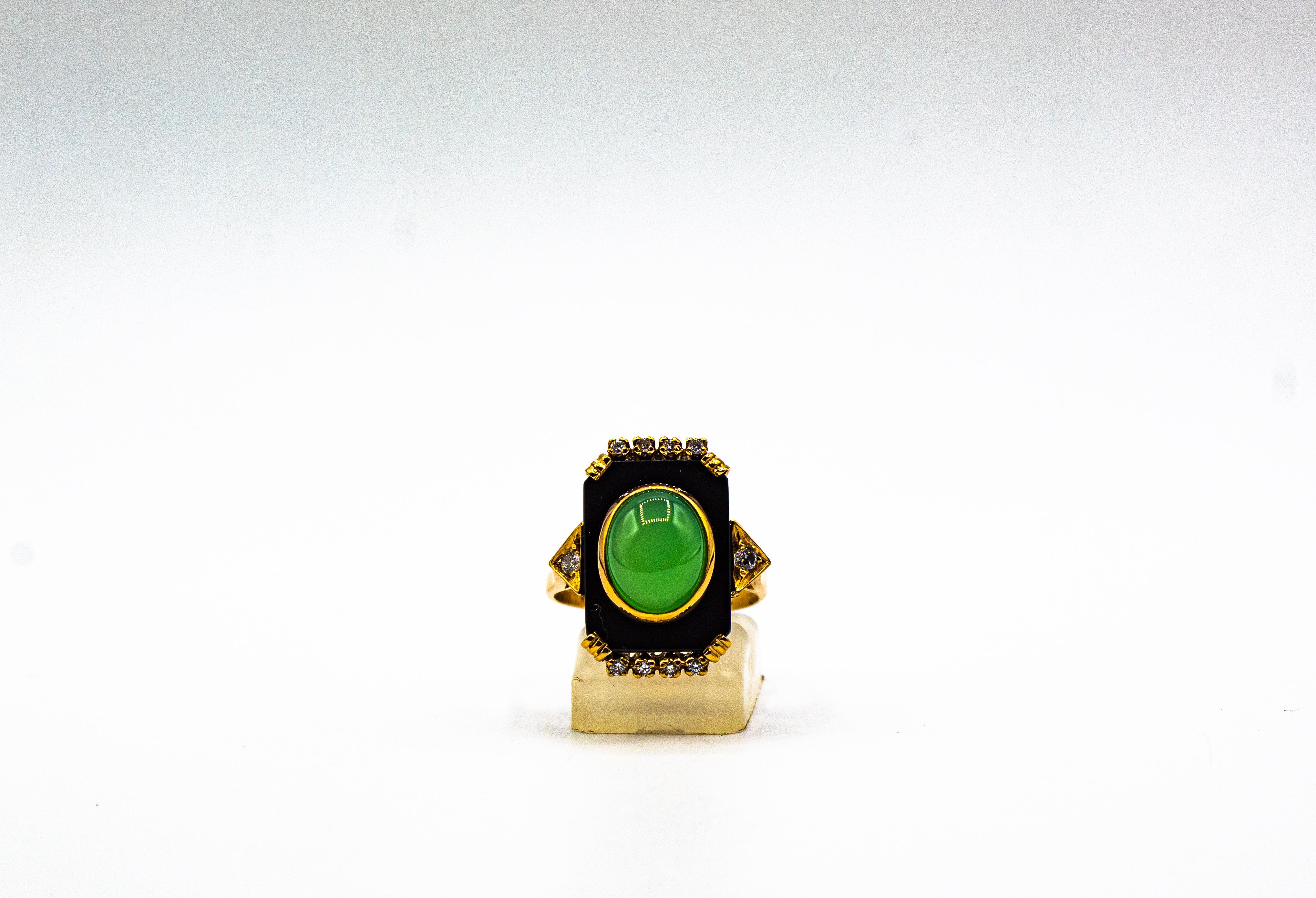 Art Deco Style White Diamond Chrysoprase Onyx Yellow Gold Cocktail Ring 3