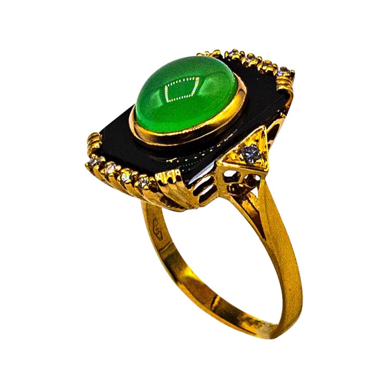 Art Deco Style White Diamond Chrysoprase Onyx Yellow Gold Cocktail Ring For Sale