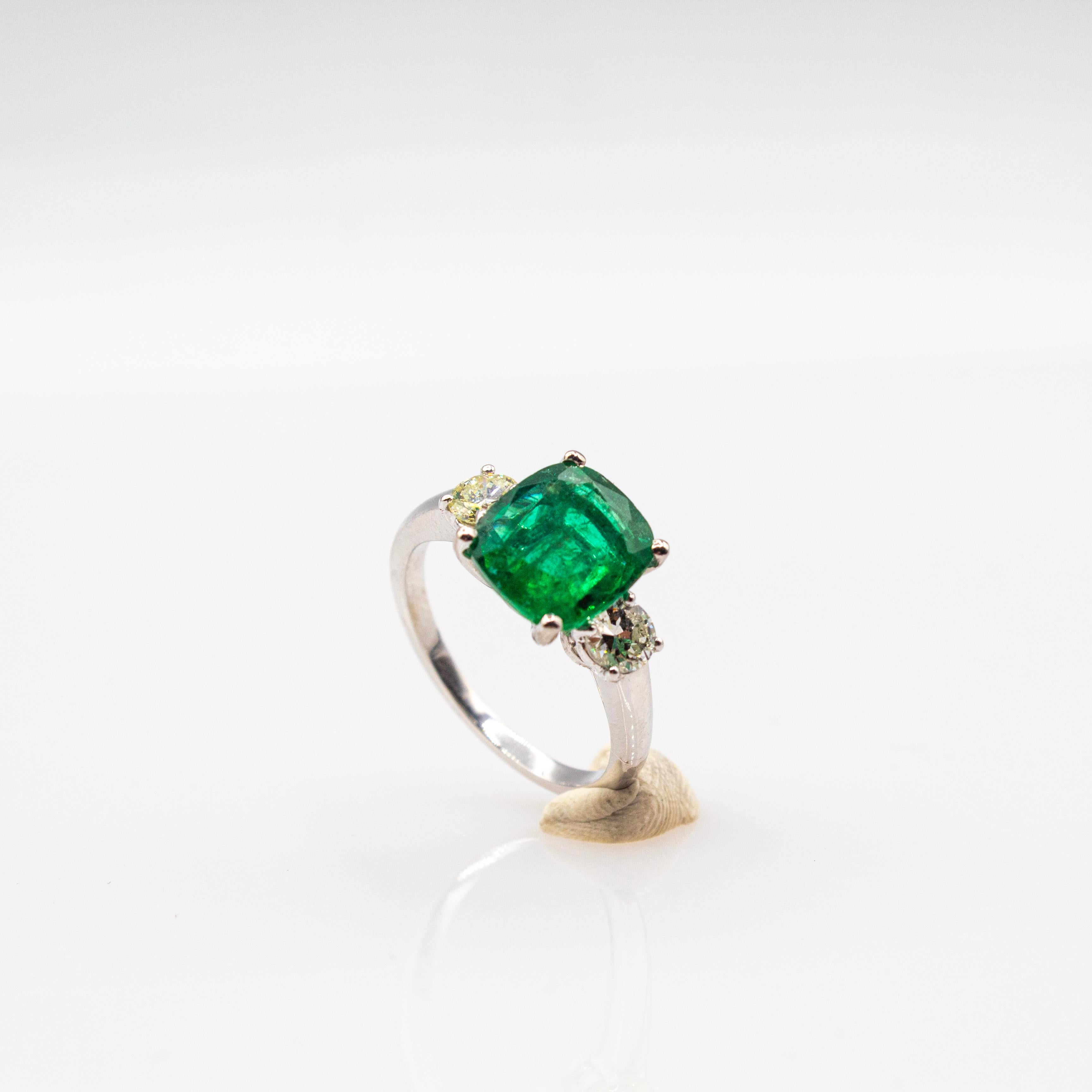 Art Deco Style White Diamond Cushion Cut Emerald Platinum Cocktail Ring 10