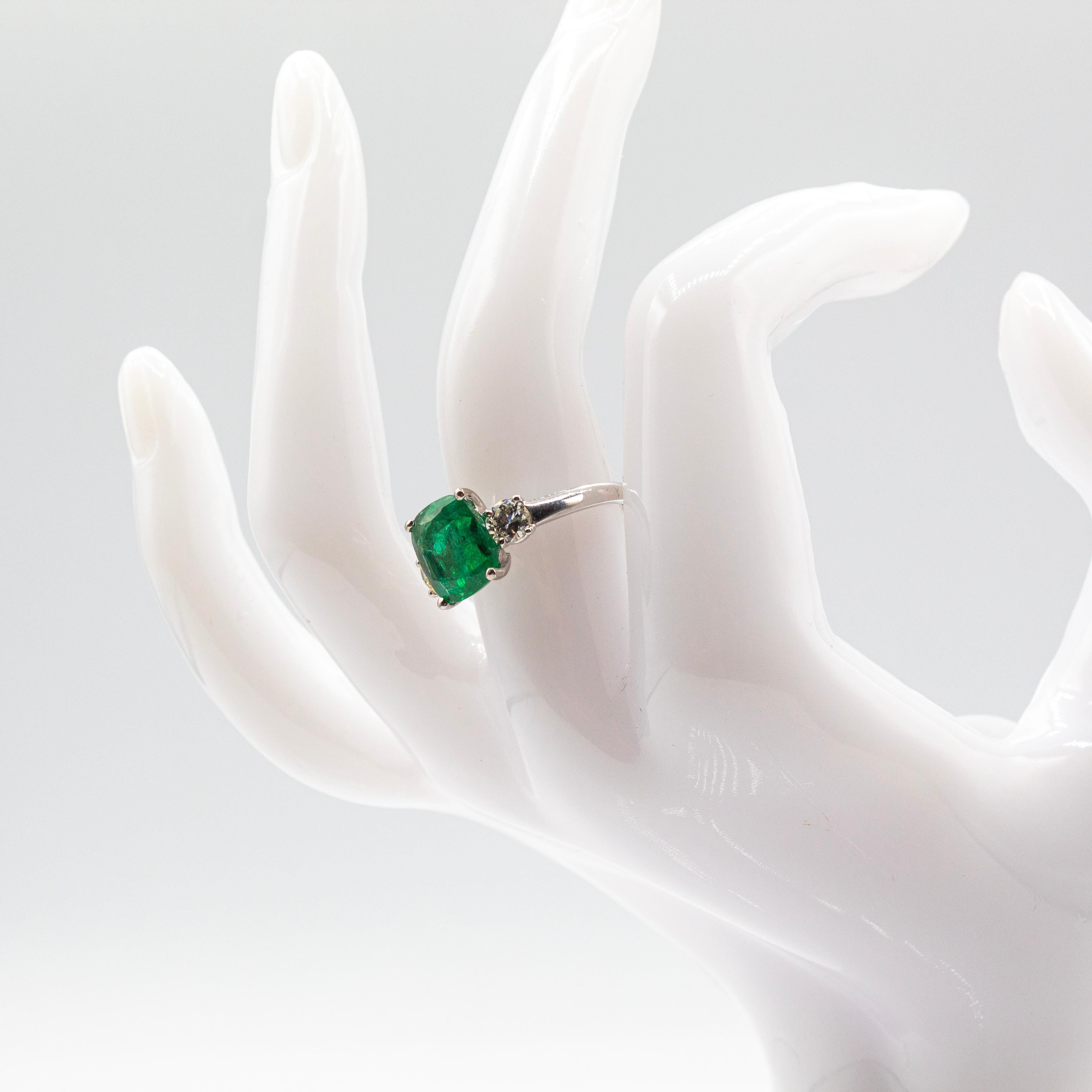 Art Deco Style White Diamond Cushion Cut Emerald Platinum Cocktail Ring 12
