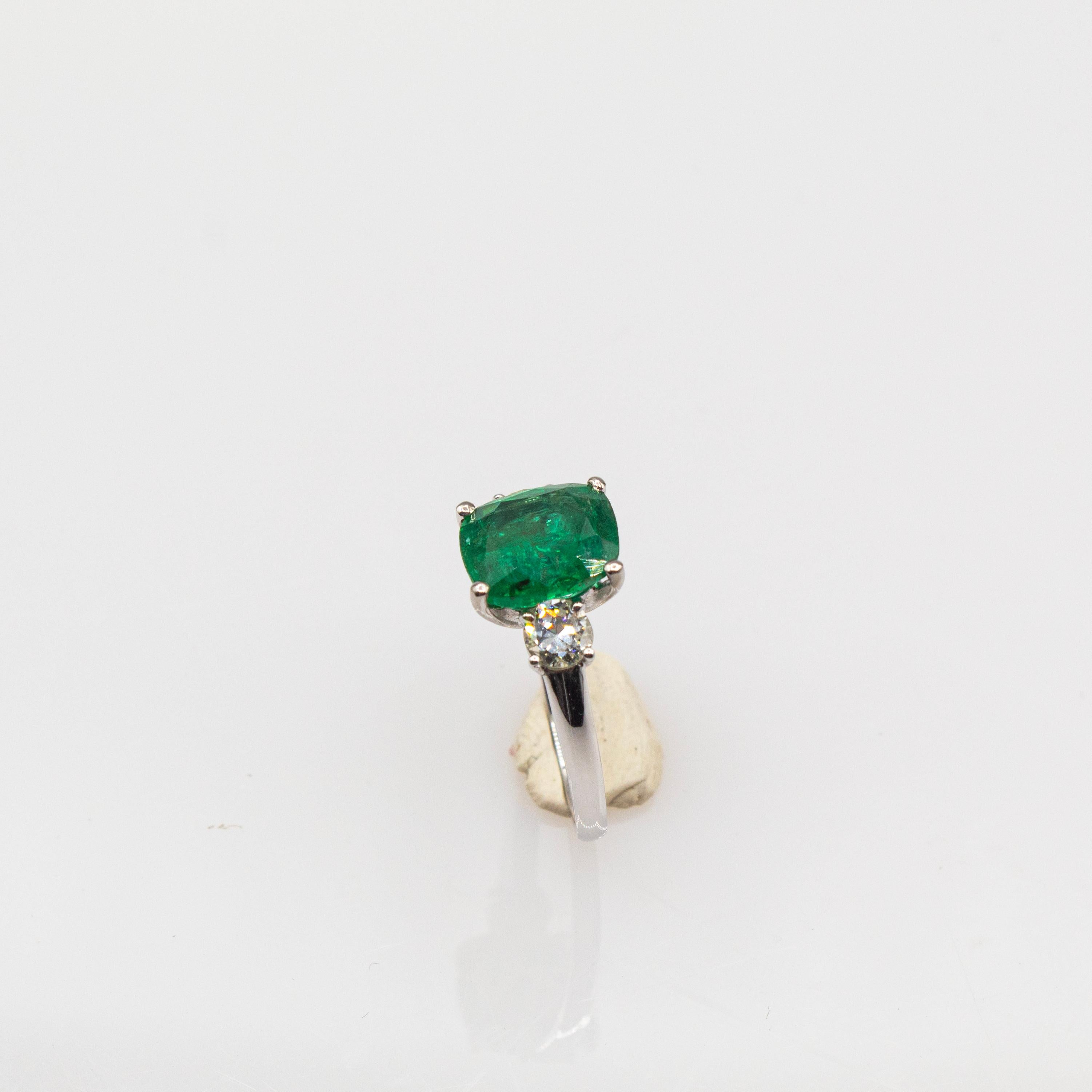 Art Deco Style White Diamond Cushion Cut Emerald Platinum Cocktail Ring 1