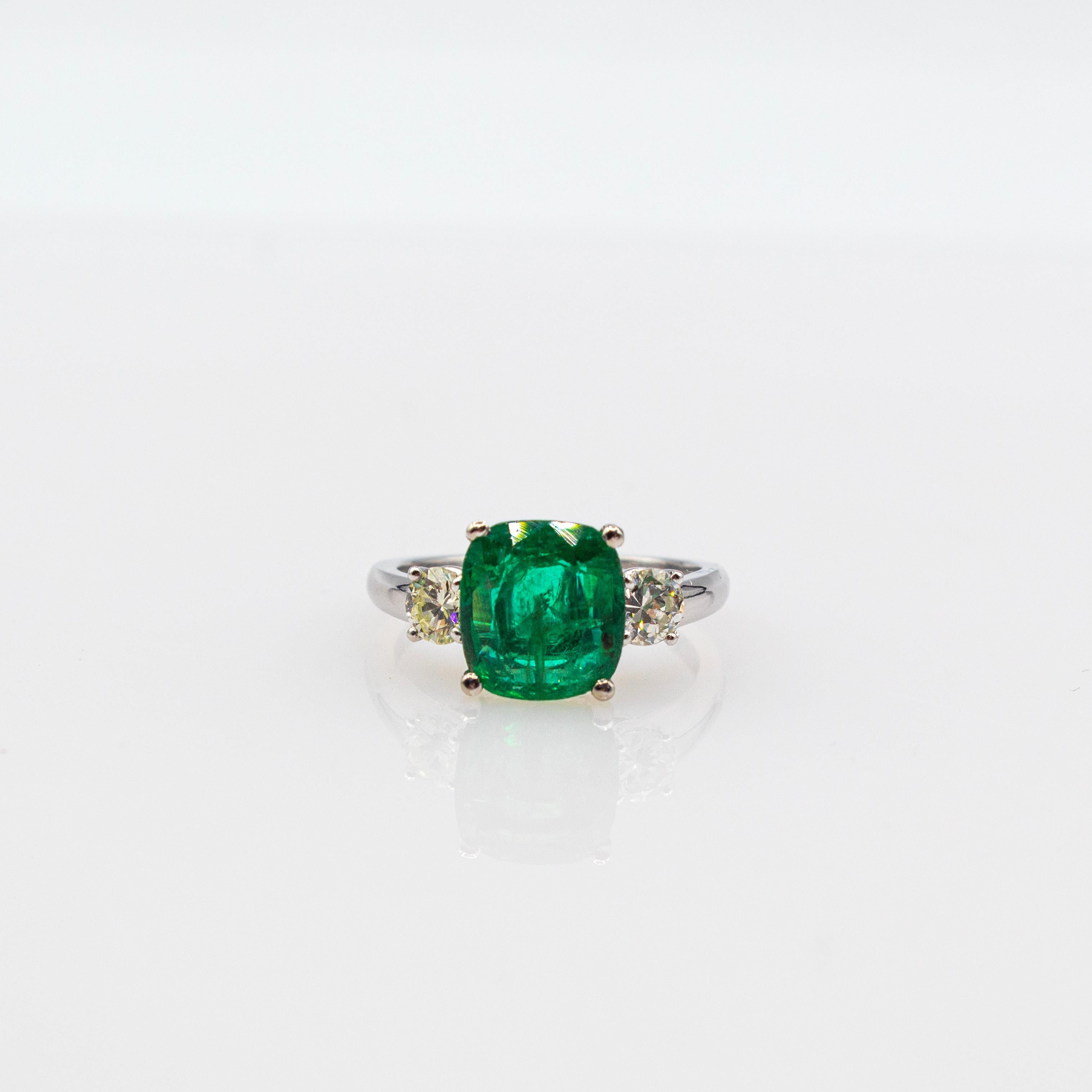 Art Deco Style White Diamond Cushion Cut Emerald Platinum Cocktail Ring 4