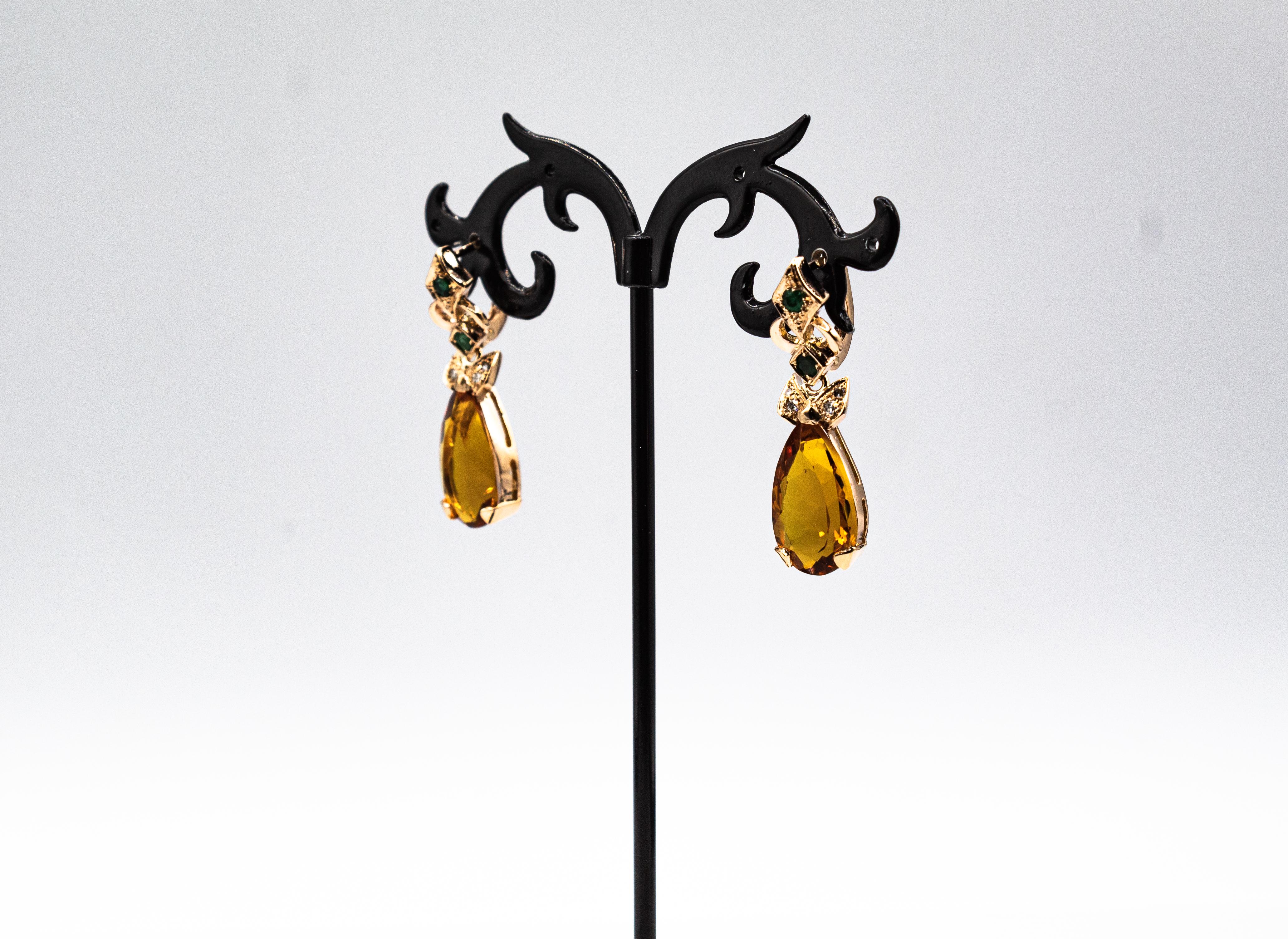 Art Deco Style White Diamond Emerald Citrine Yellow Gold Lever Back Earrings In New Condition For Sale In Naples, IT