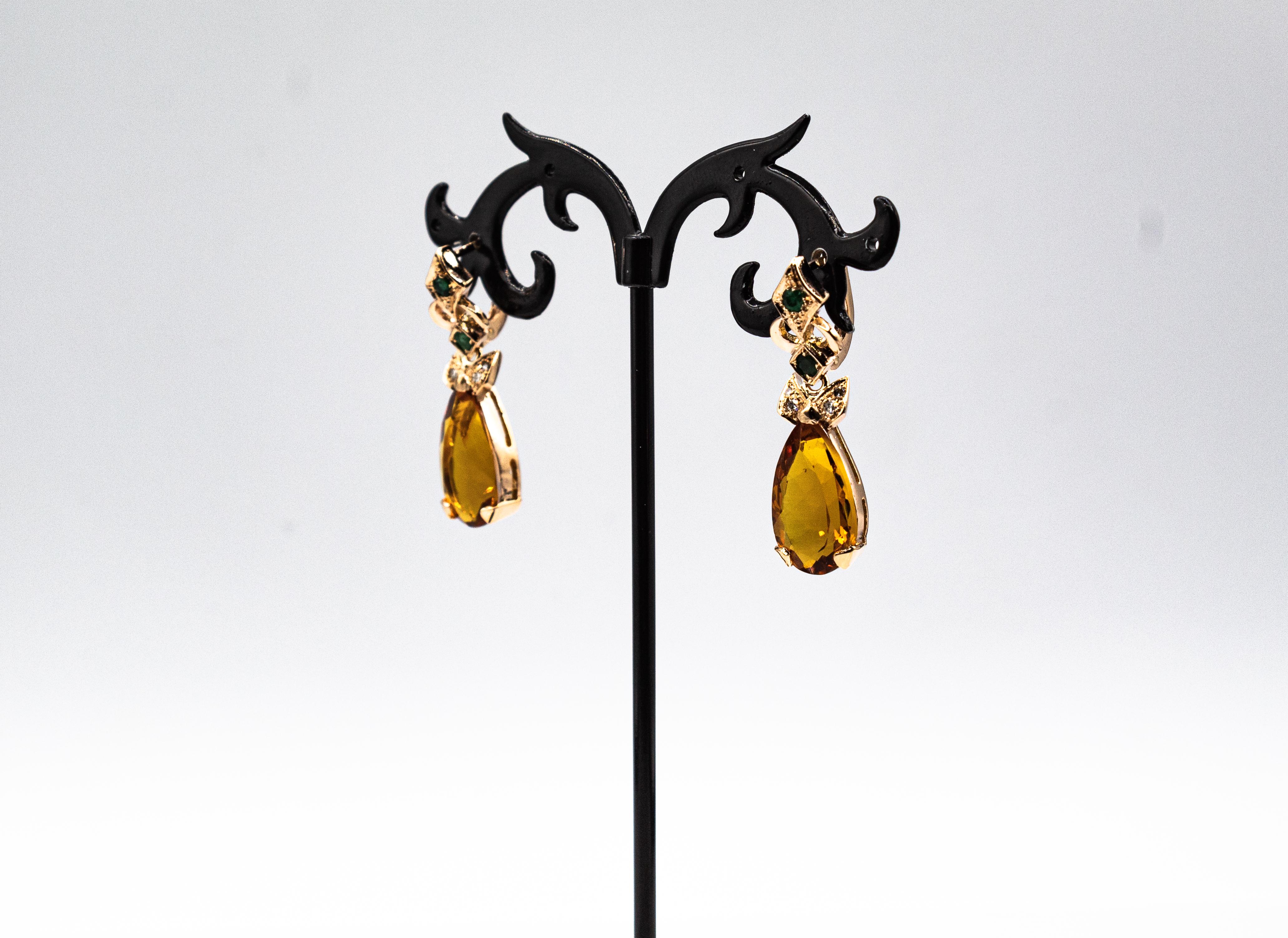 Taglio rotondo Orecchini con chiusura a leva in oro giallo con diamante bianco e smeraldo citrino in stile Art Deco in vendita