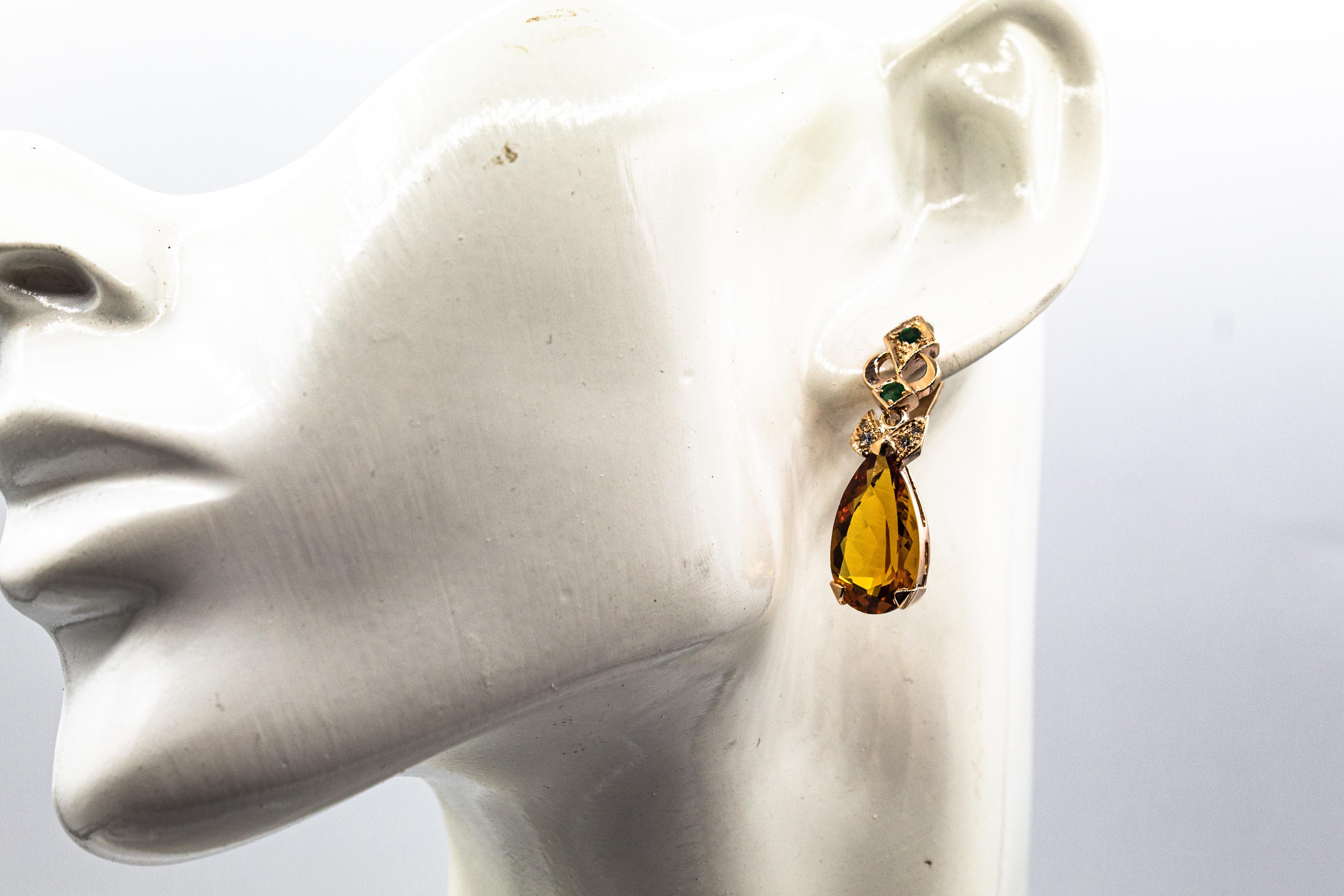 Women's or Men's Art Deco Style White Diamond Emerald Citrine Yellow Gold Lever Back Earrings For Sale