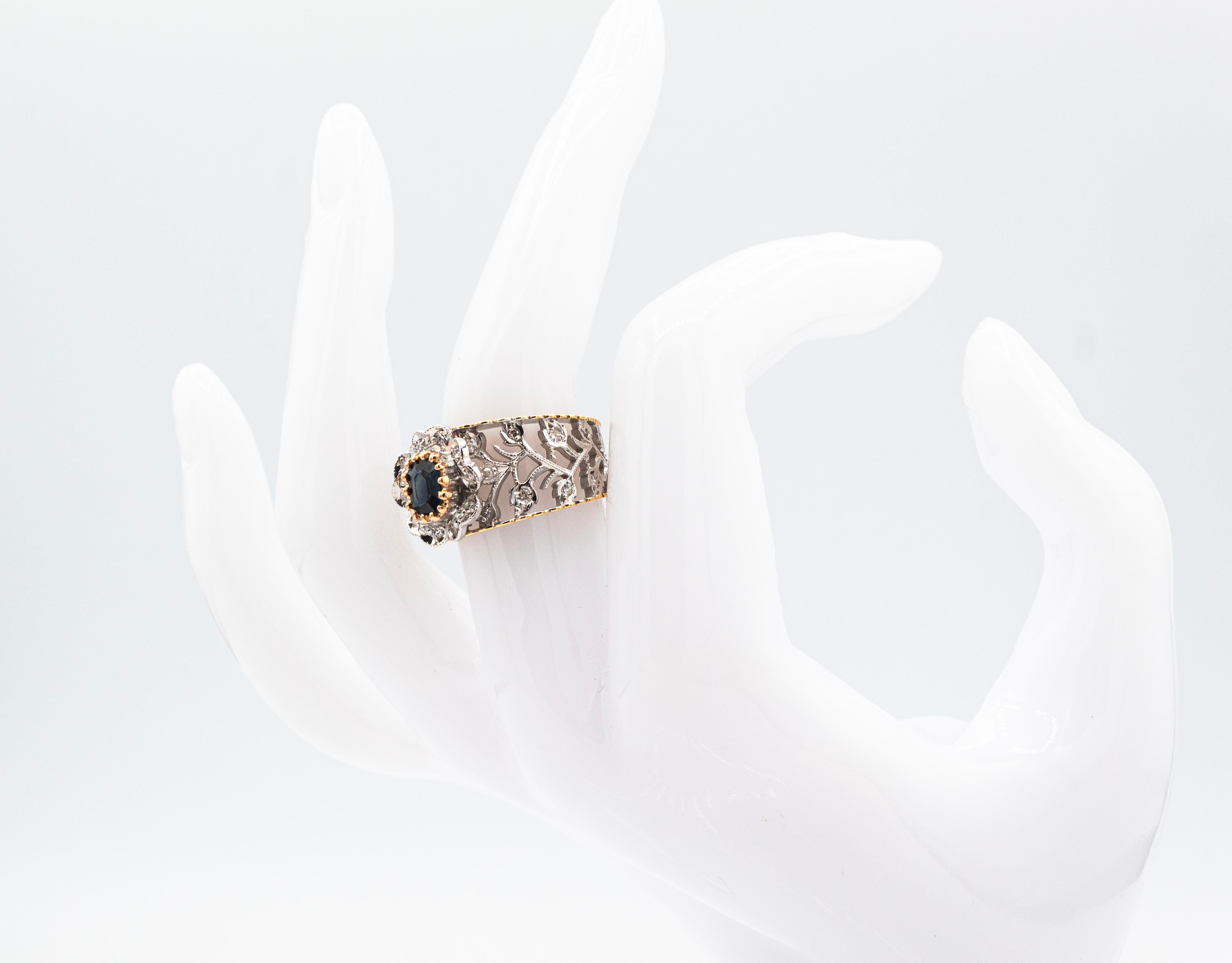 Art Deco Style White Diamond Emerald Cut Blue Sapphire Yellow Gold Band Ring 7