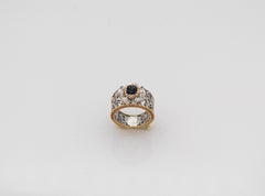 Art Deco Style White Diamond Emerald Cut Blue Sapphire Yellow Gold Band Ring