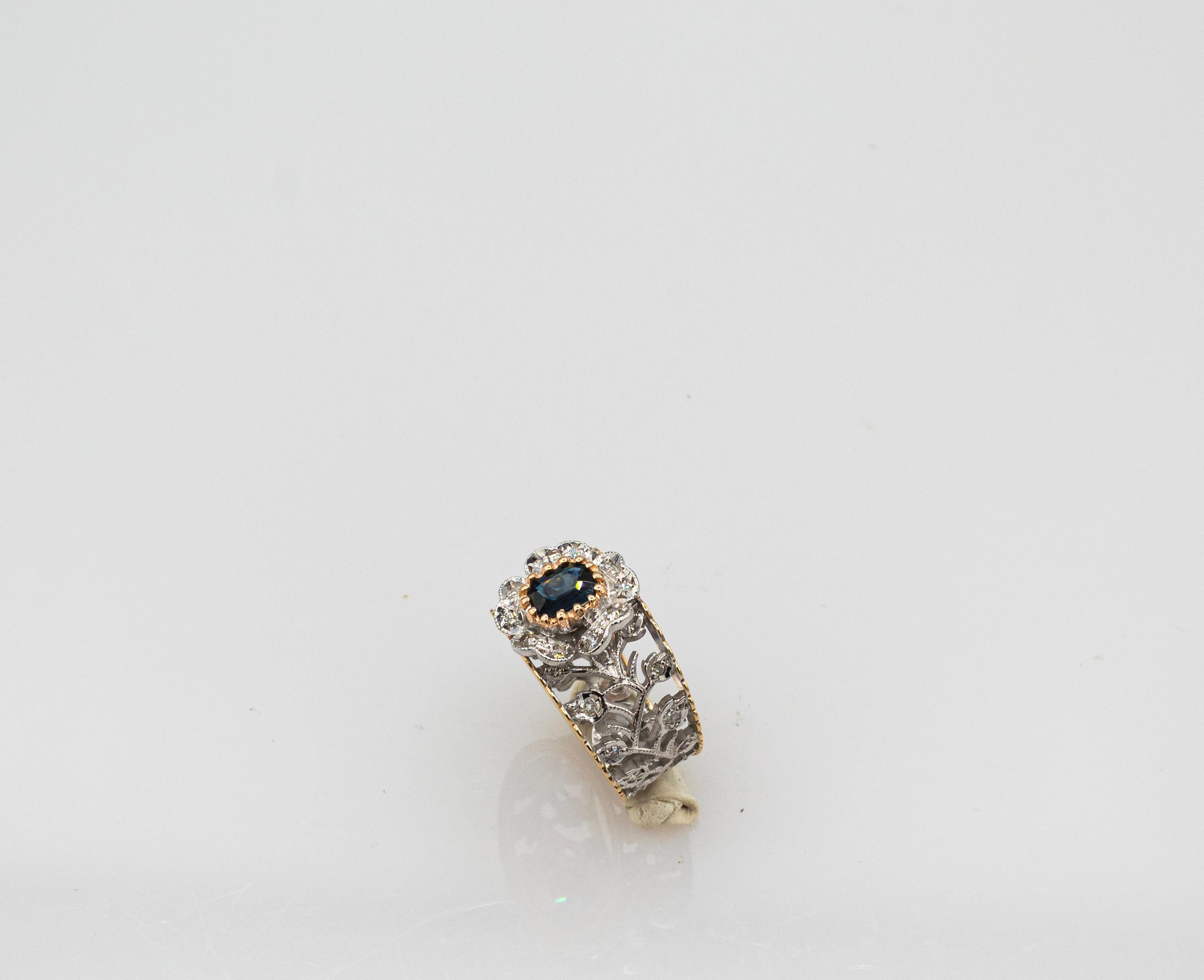 Round Cut Art Deco Style White Diamond Emerald Cut Blue Sapphire Yellow Gold Band Ring