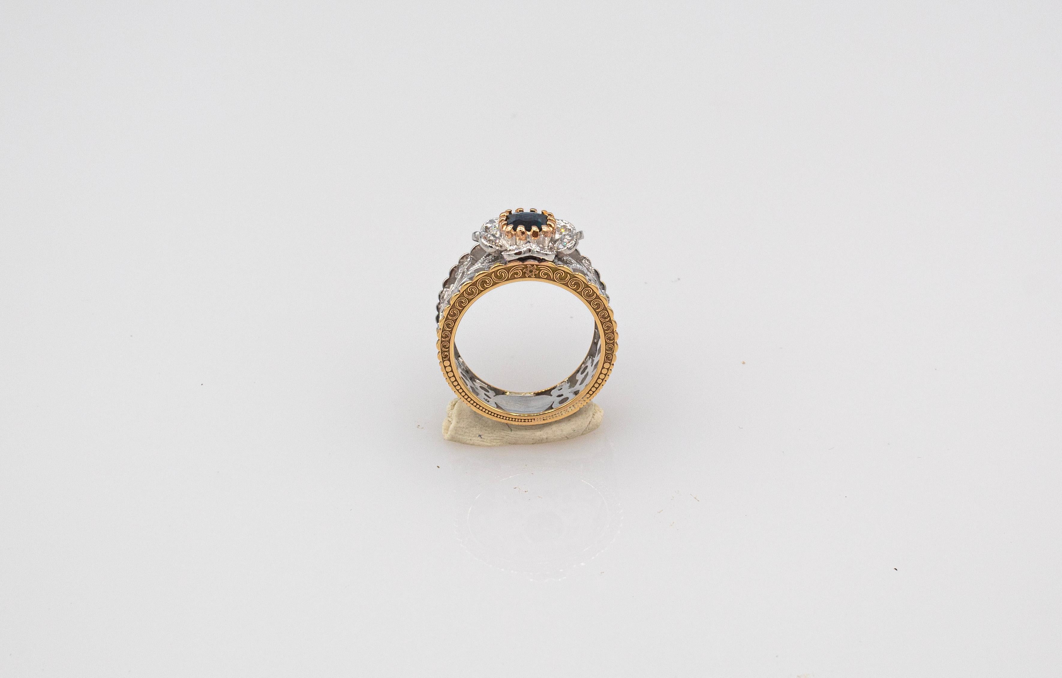Women's or Men's Art Deco Style White Diamond Emerald Cut Blue Sapphire Yellow Gold Band Ring
