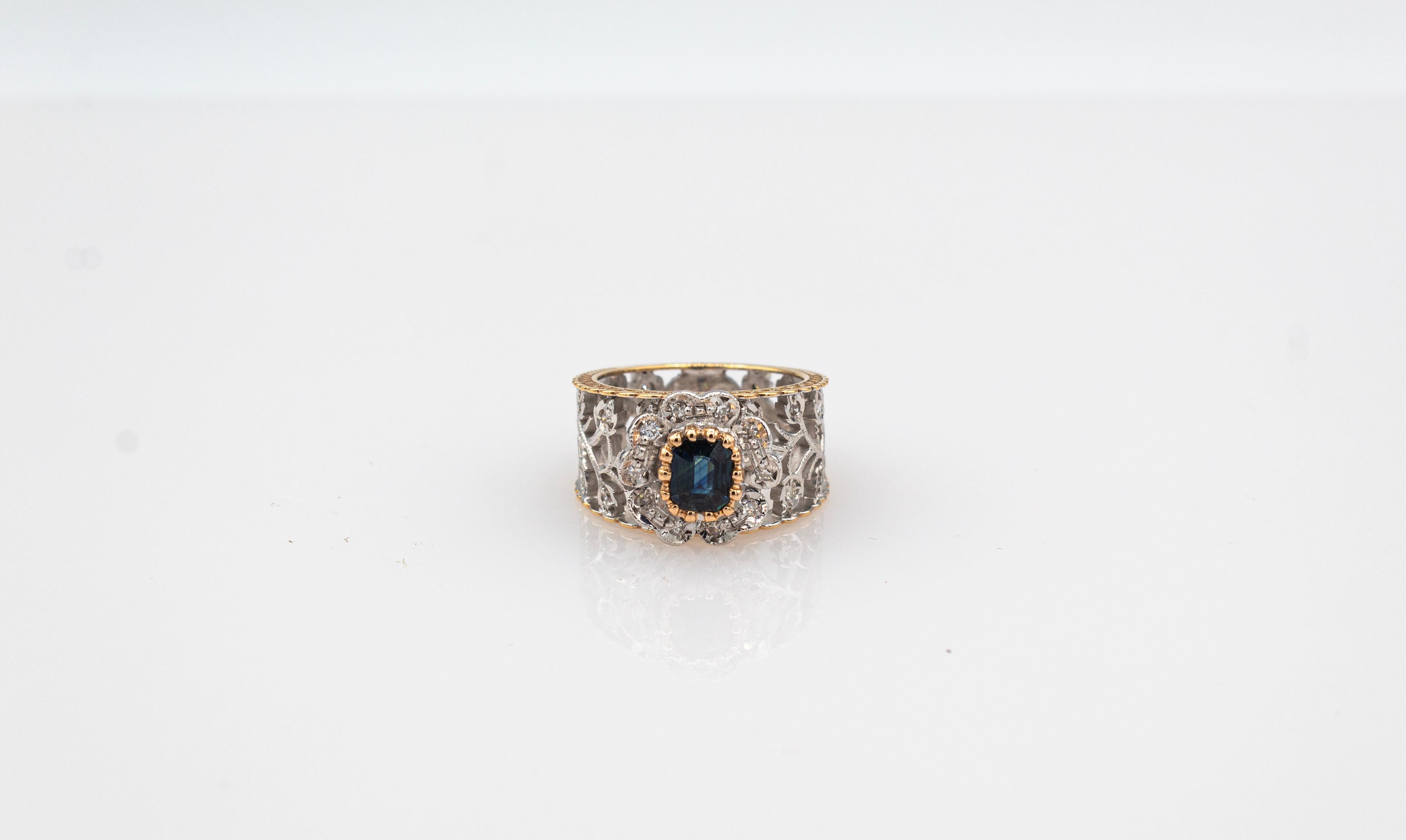 Art Deco Style White Diamond Emerald Cut Blue Sapphire Yellow Gold Band Ring 1
