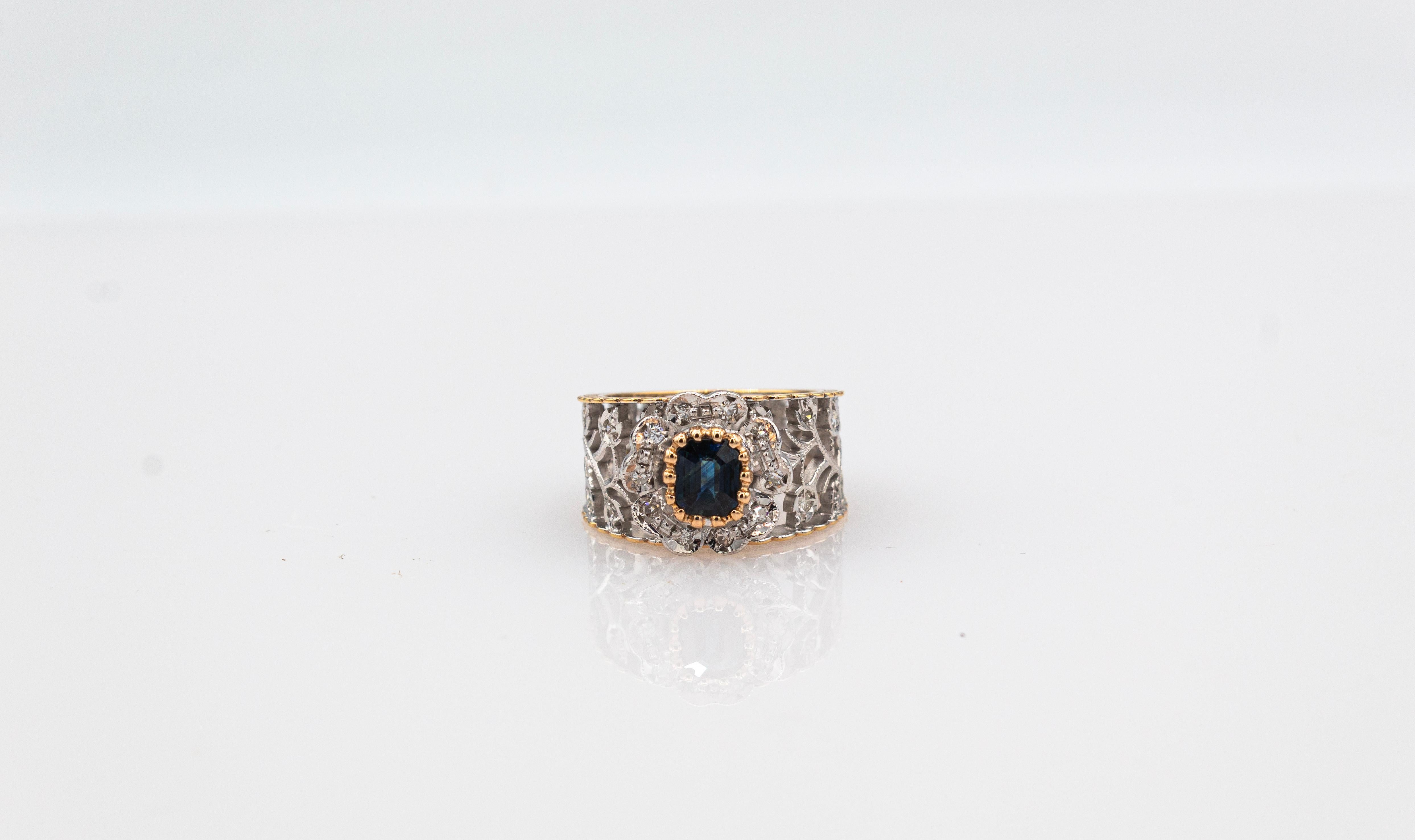 Art Deco Style White Diamond Emerald Cut Blue Sapphire Yellow Gold Band Ring 2