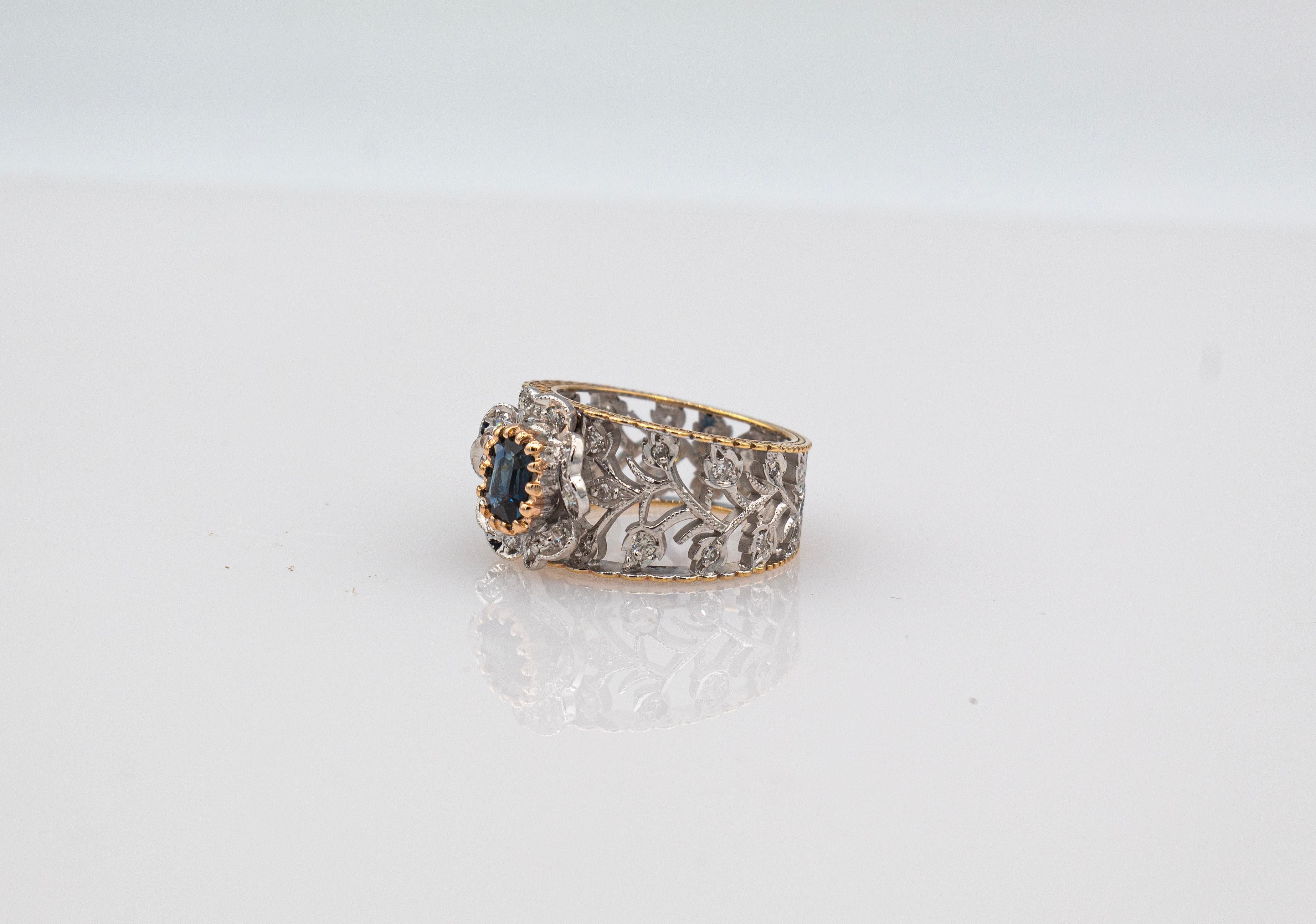 Art Deco Style White Diamond Emerald Cut Blue Sapphire Yellow Gold Band Ring 3