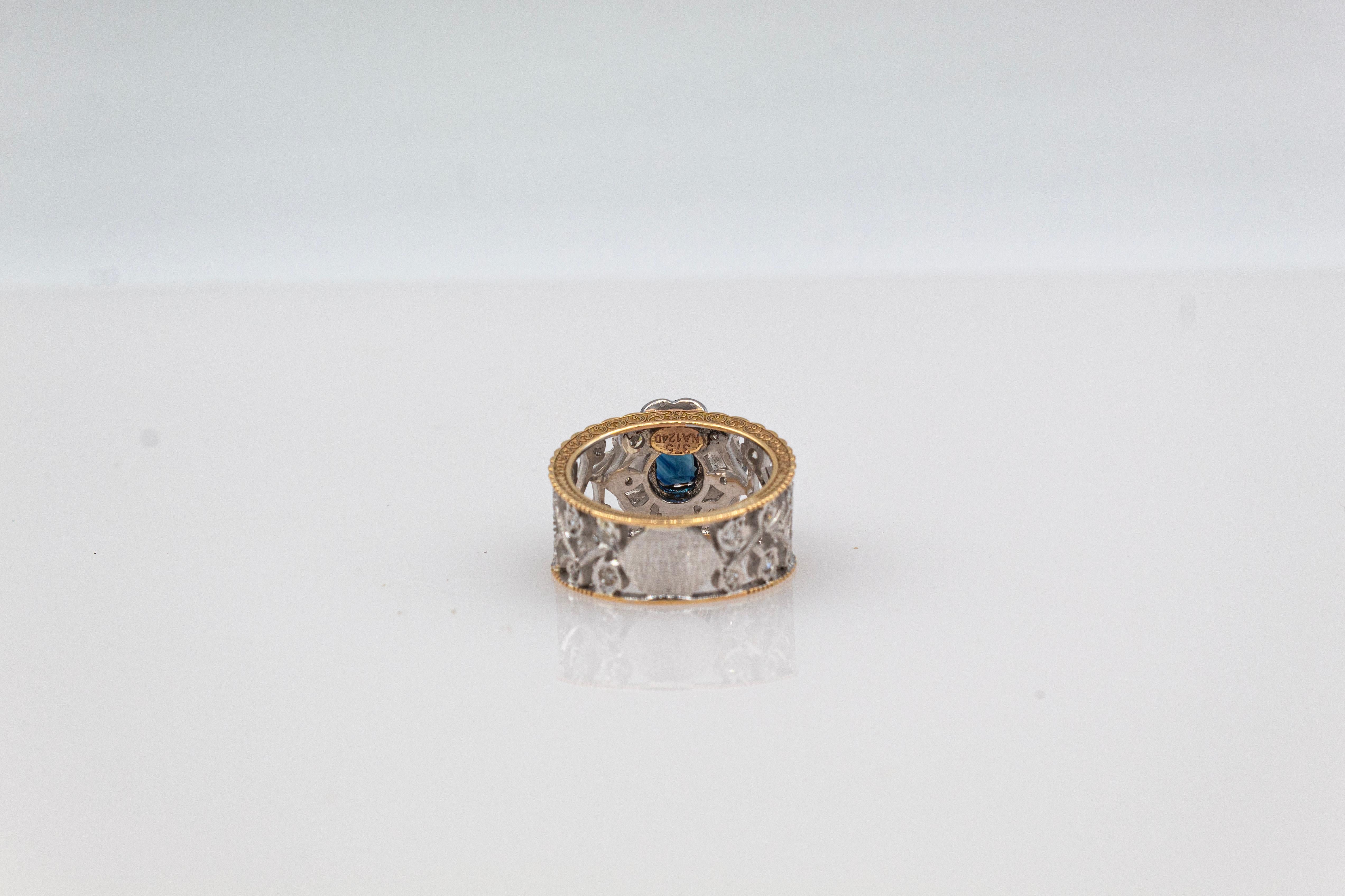 Art Deco Style White Diamond Emerald Cut Blue Sapphire Yellow Gold Band Ring For Sale 4