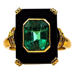 Art Deco Style White Diamond Emerald Cut Emerald Onyx Yellow Gold Cocktail Ring