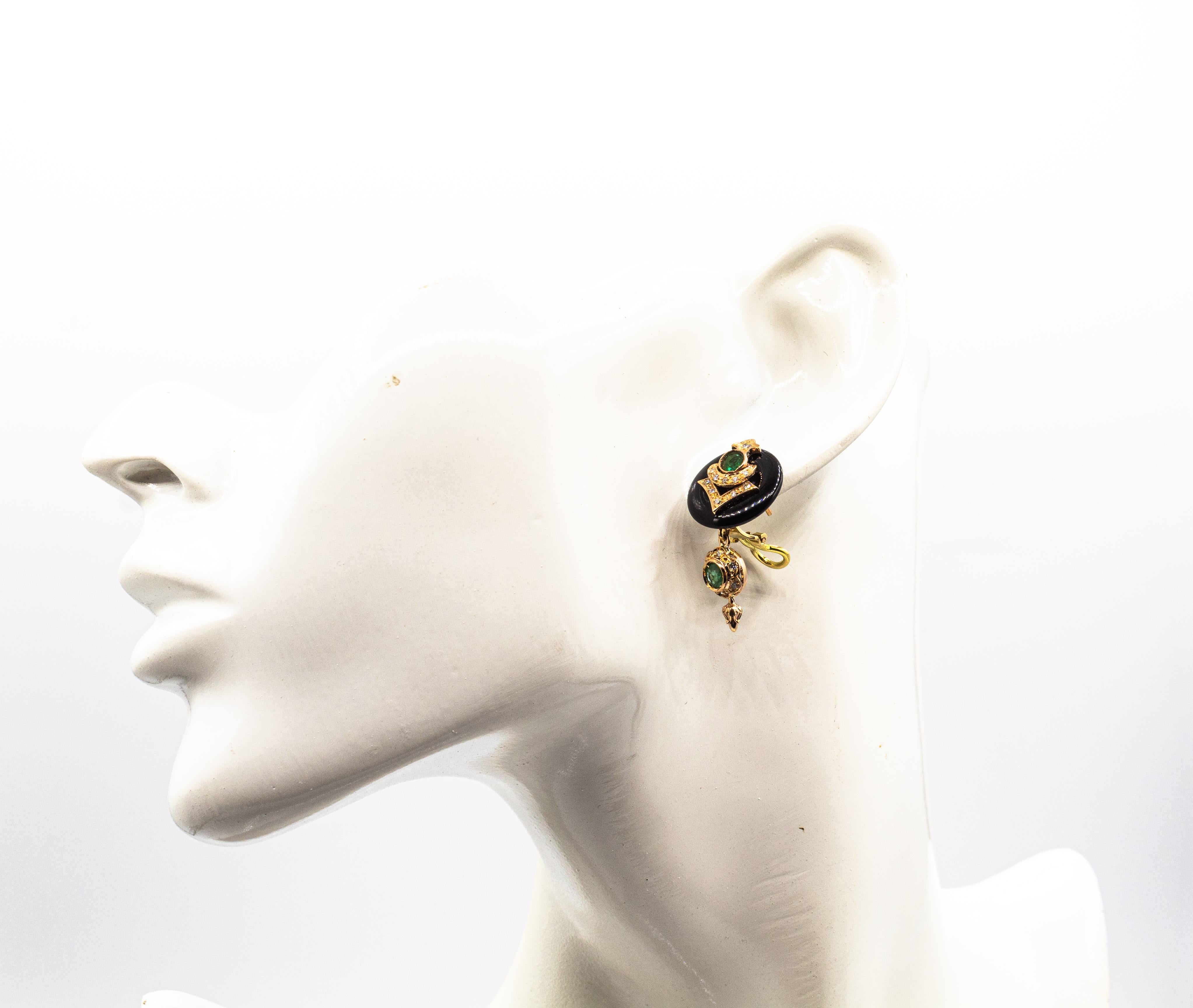 Art Deco Style White Diamond Emerald Handcut Onyx Yellow Gold Clip-On Earrings 6
