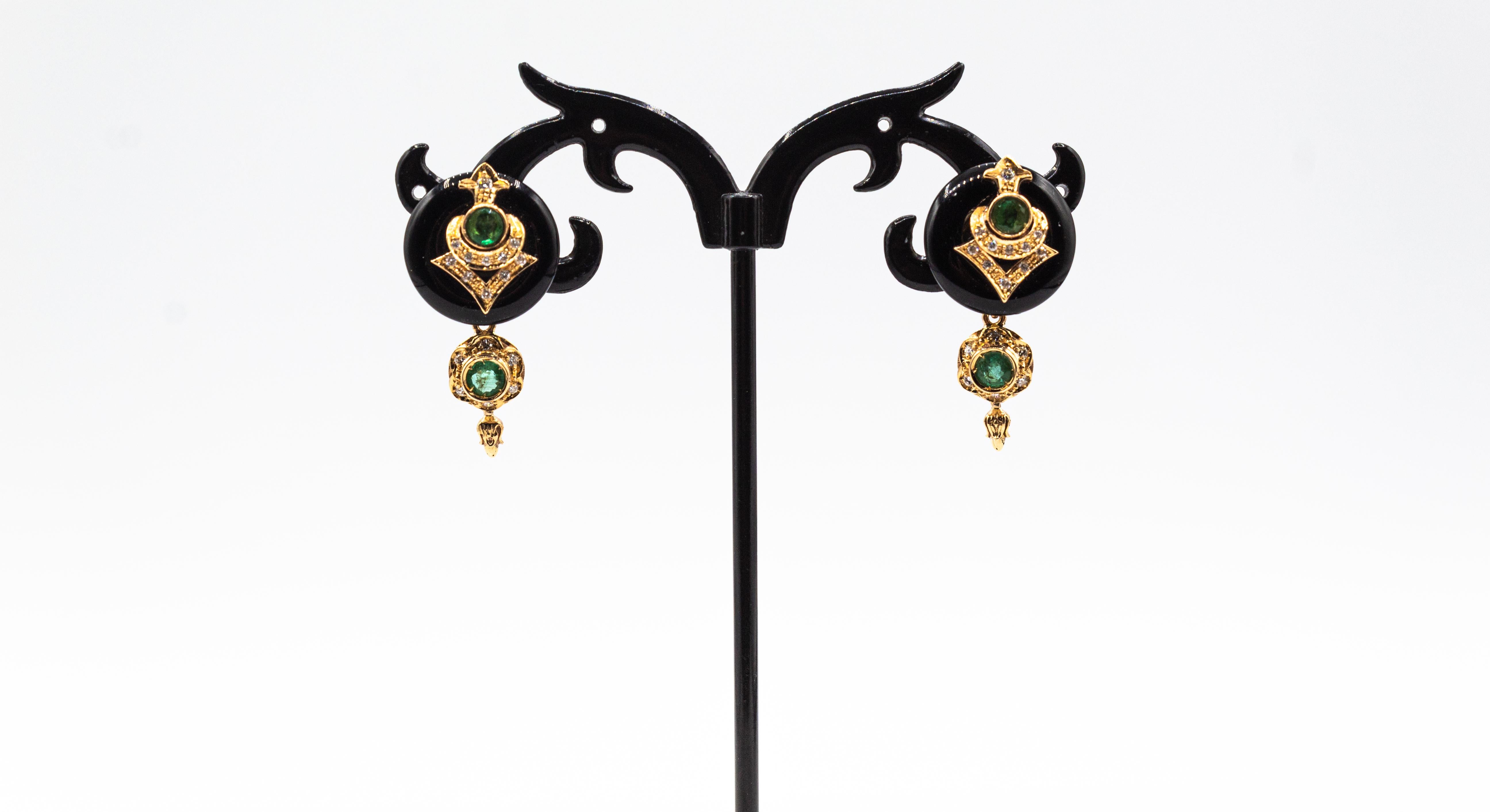Brilliant Cut Art Deco Style White Diamond Emerald Handcut Onyx Yellow Gold Clip-On Earrings