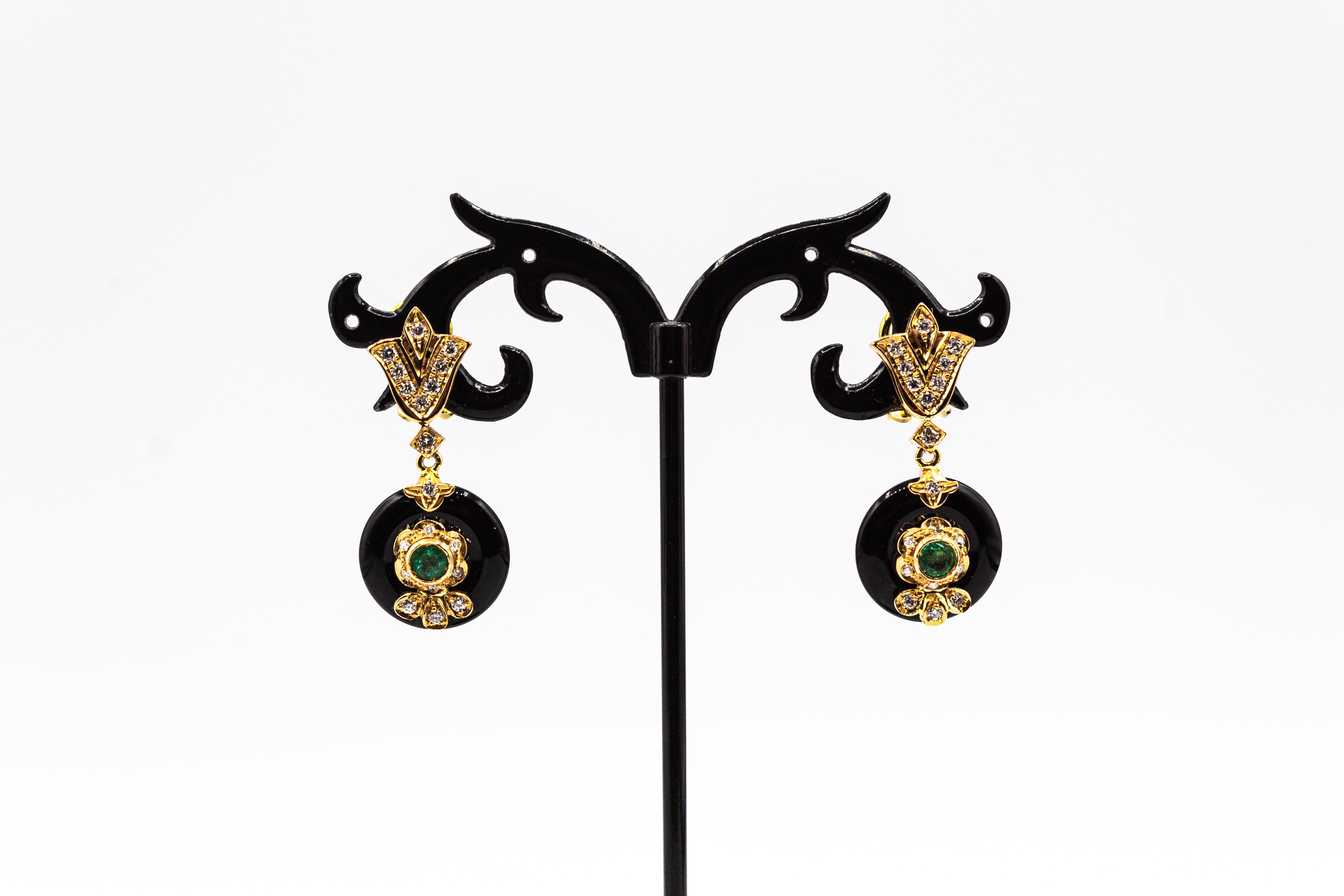 Brilliant Cut Art Deco Style White Diamond Emerald Handcut Onyx Yellow Gold Clip-On Earrings For Sale
