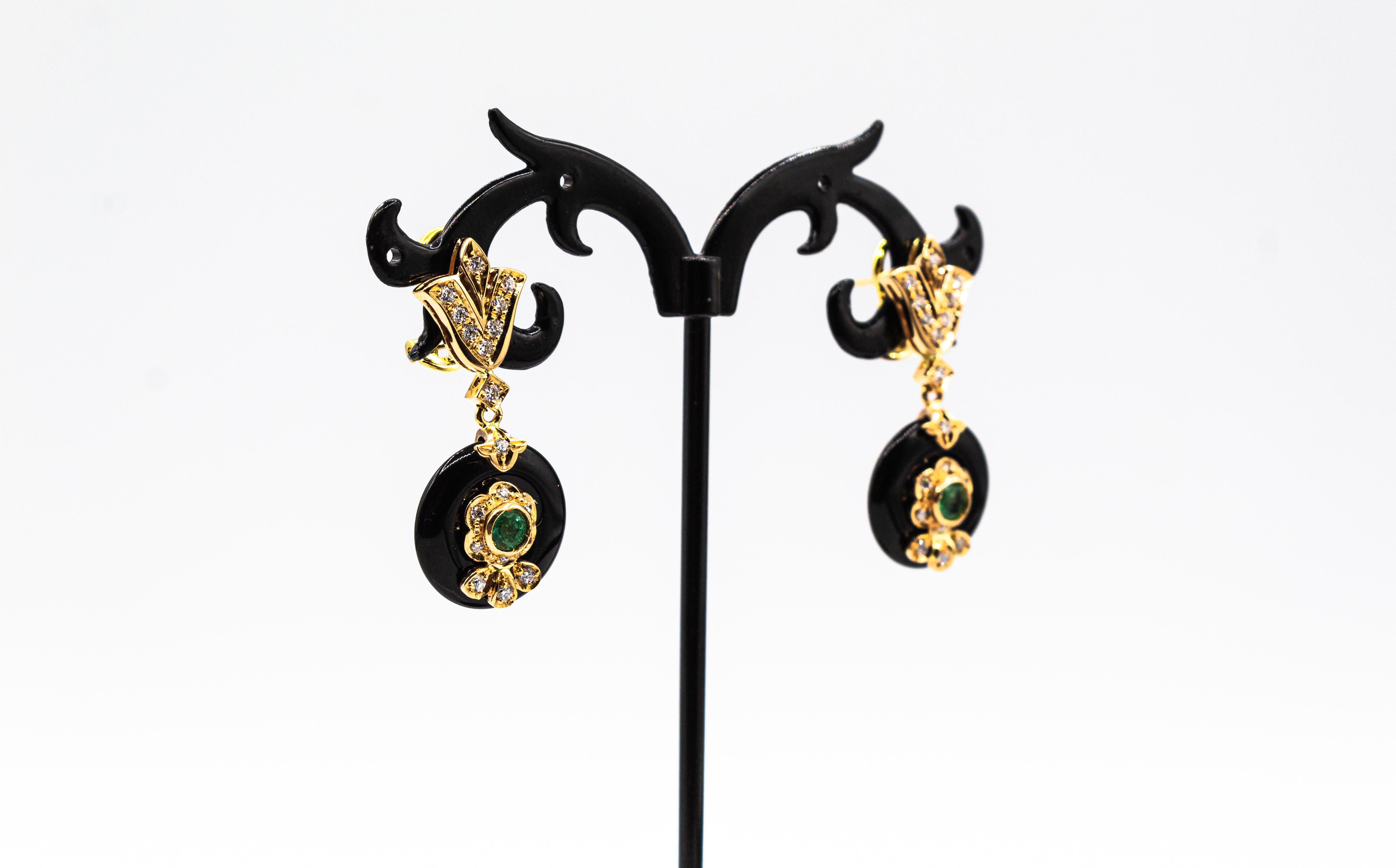 da uomo o donna Art Deco Style White Diamond Emerald Handcut Onyx Yellow Gold Clip-On Earrings in vendita