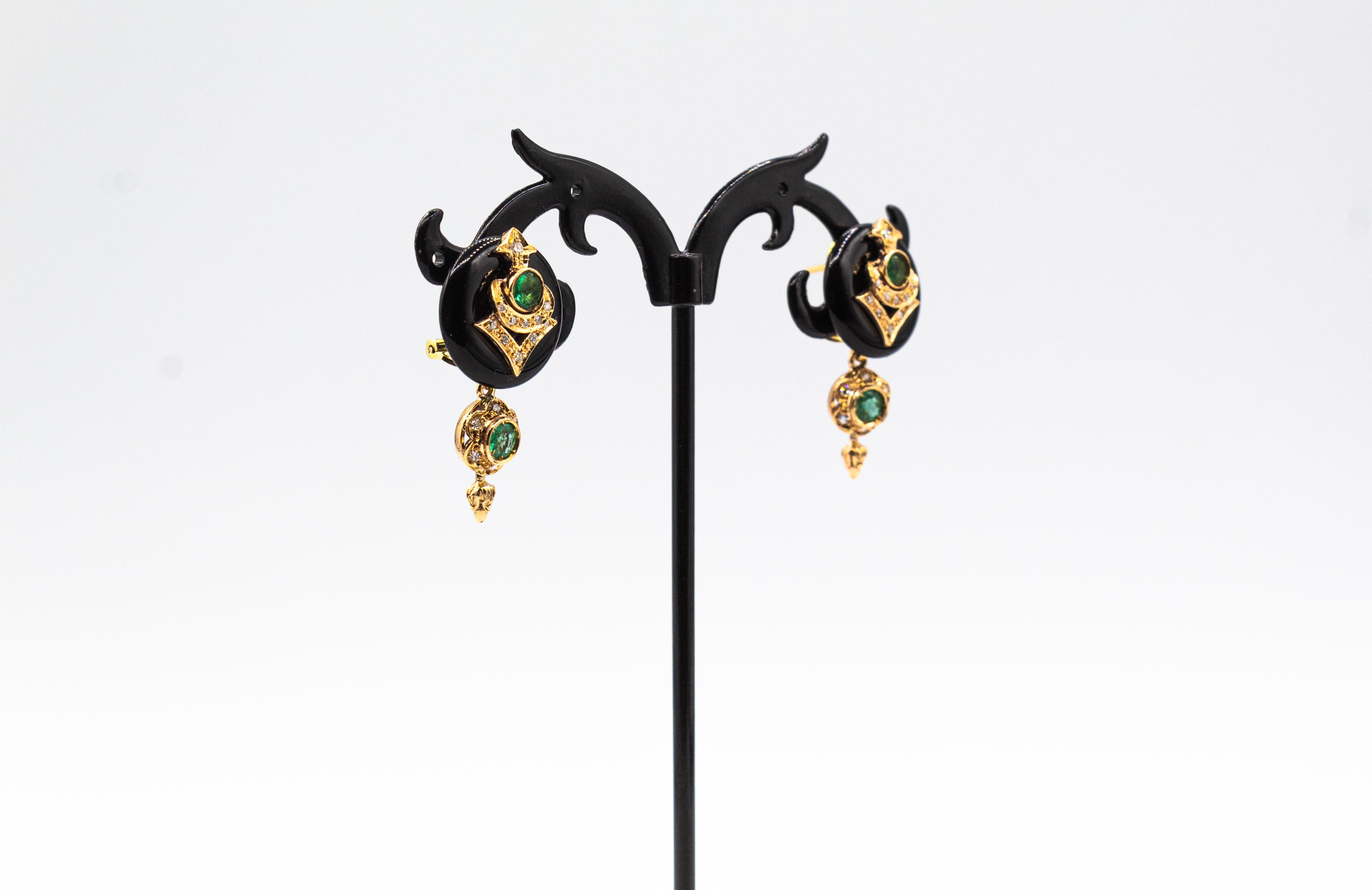 Art Deco Style White Diamond Emerald Handcut Onyx Yellow Gold Clip-On Earrings 2
