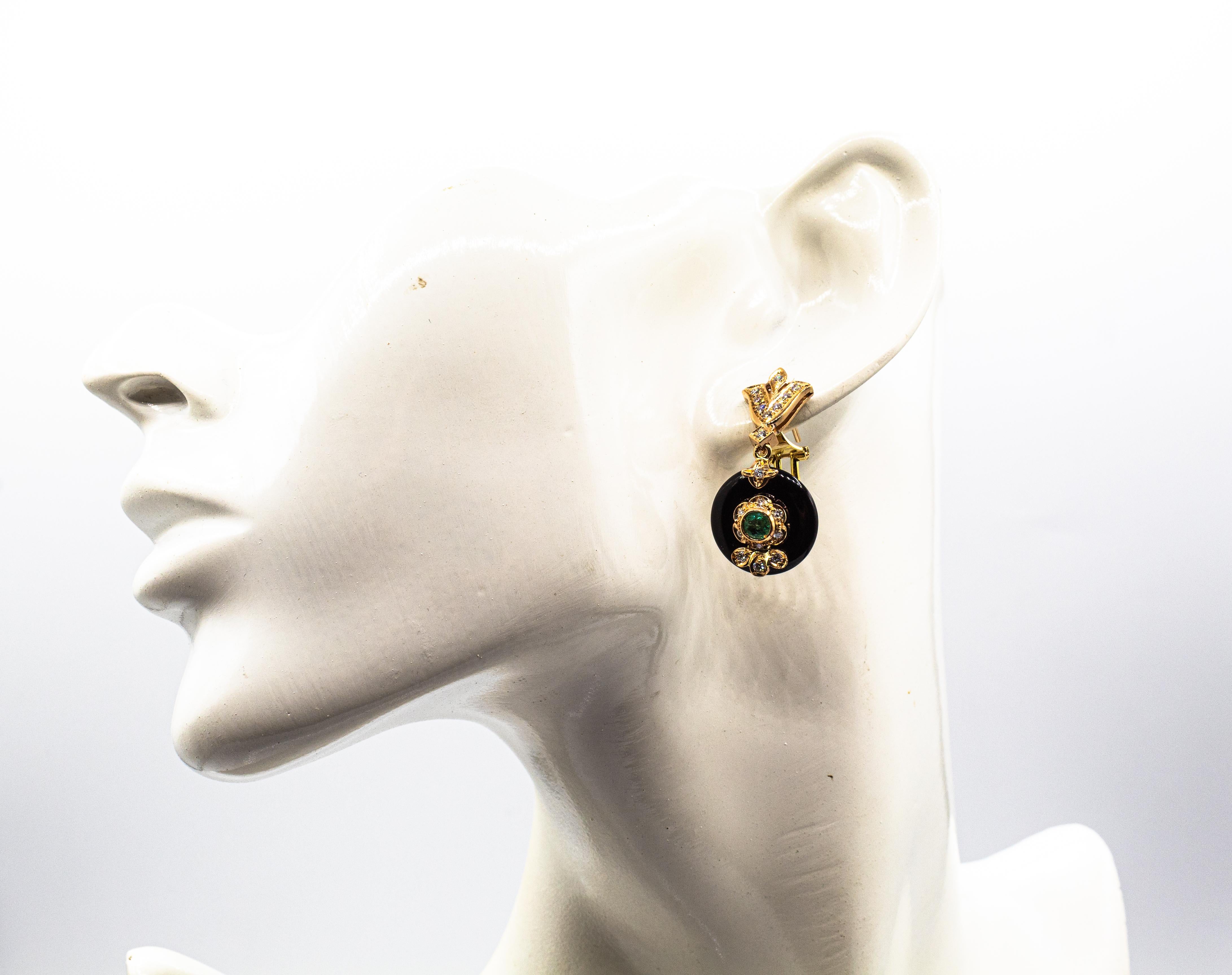 Art Deco Style White Diamond Emerald Handcut Onyx Yellow Gold Clip-On Earrings in vendita 2