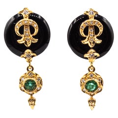 Boucles d'oreilles à clip en or jaune, style Art Déco, diamant blanc, émeraude, onyx taillé à la main